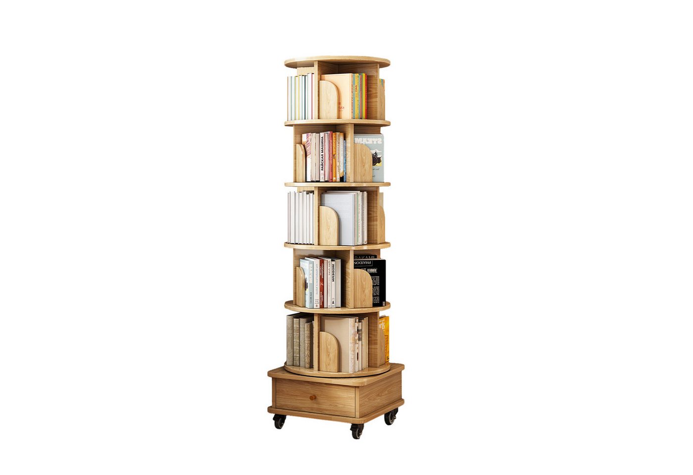 Yorbay Bücherregal 6 Ebenen 360 Grad drehbar, mit Schublade und Rollen 98 kg