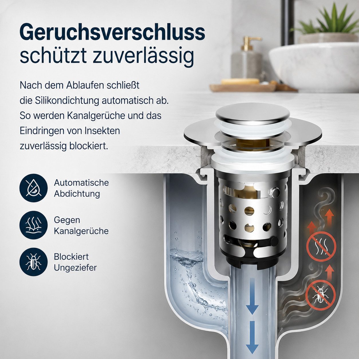 Luckice Waschbeckenstöpsel mit Abflusssieb, aus 304 Edelstahl 100% wasserdicht, (Universeller Pop Up Abflussstopfen mit Haarsieb, schnell ablaufend, für Bad, Kü – Bild 3 von 5
