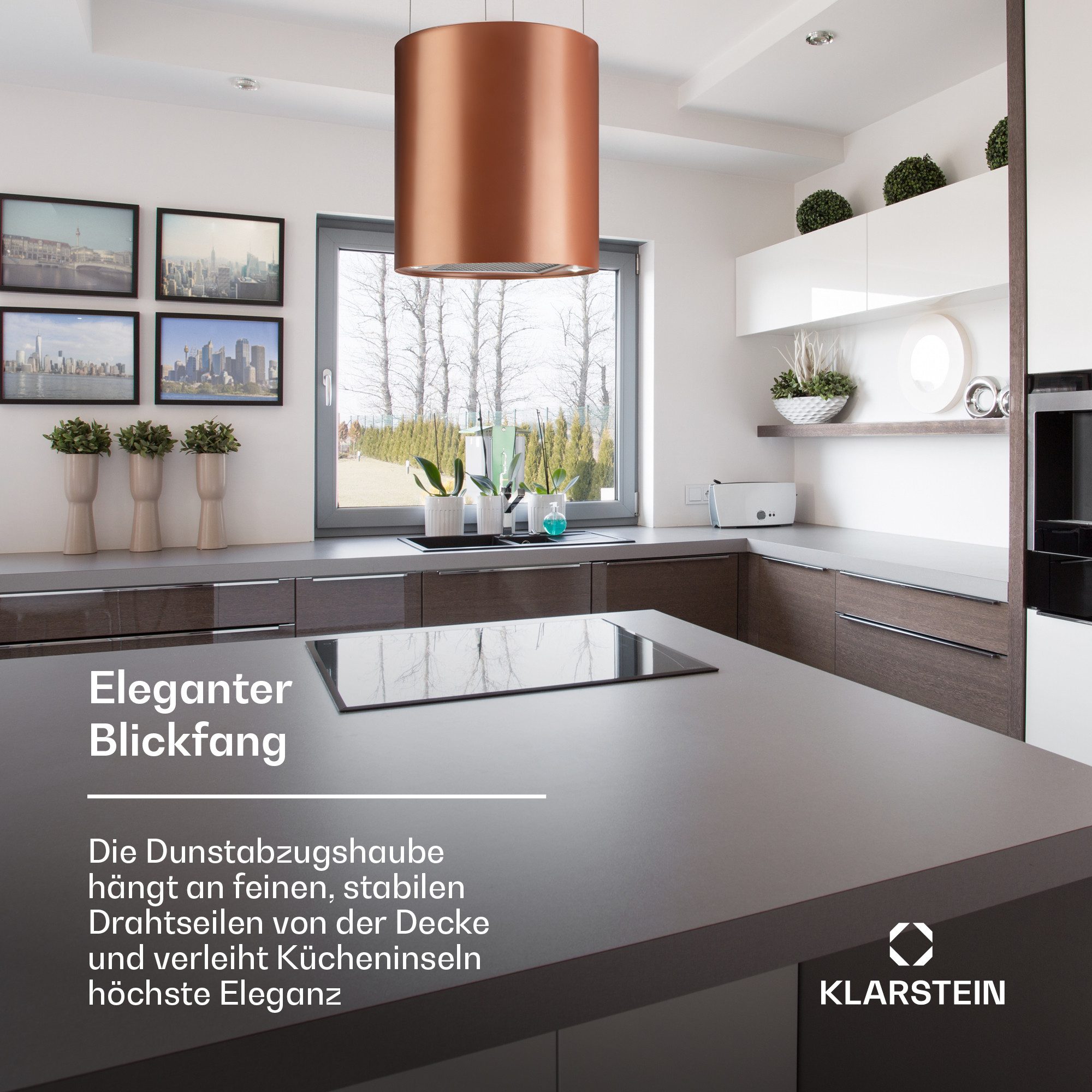 Klarstein Deckenhaube Barett Serie Barett Inselabzugshaube Ø35 cm Umluft 560 m³/h LED Aktivkohlefilter Barett, Abzugshaube Insel Abluft Haube Umluft Dunstabzug Einbau Umlufthaube