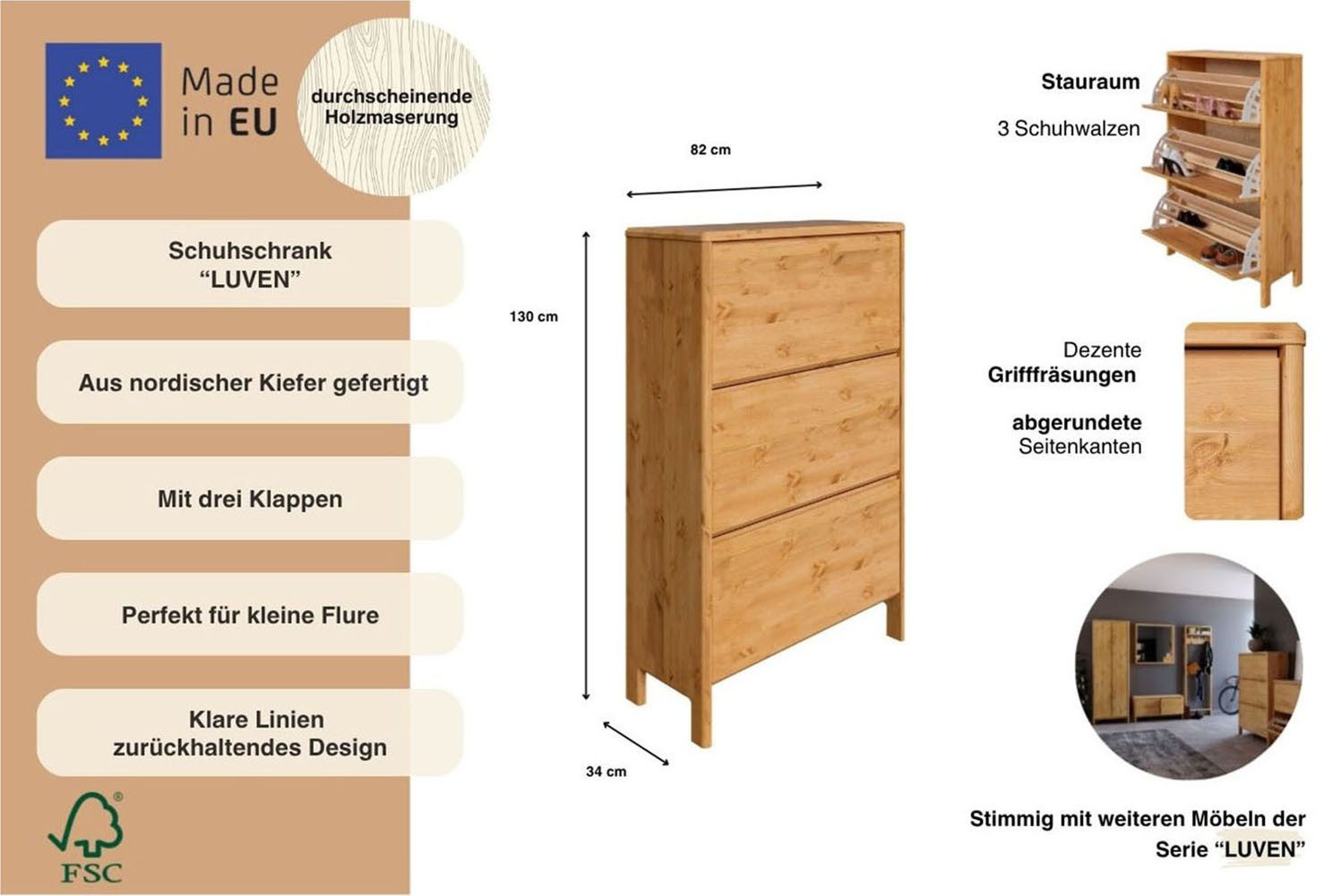 OTTO home Schuhschrank Luven FSC® zertifiziertes Massivholz, mit 3 Klappen