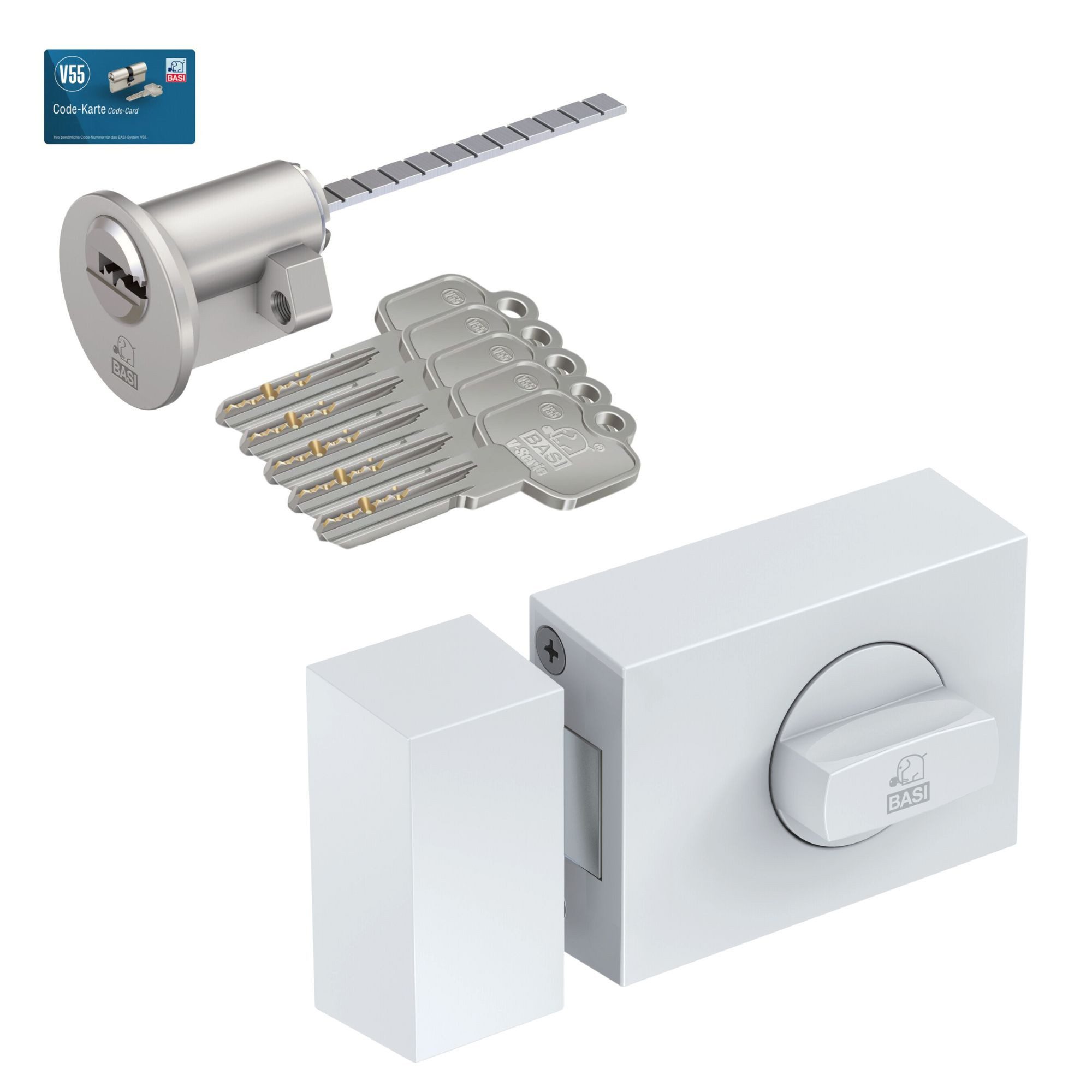 BASI Türzusatzschloss Kastenschloss (Spar-Set), im Set mit Außenzylinder, Drehknauf, Sperrriegel, Dornmaß 70 mm, weiß
