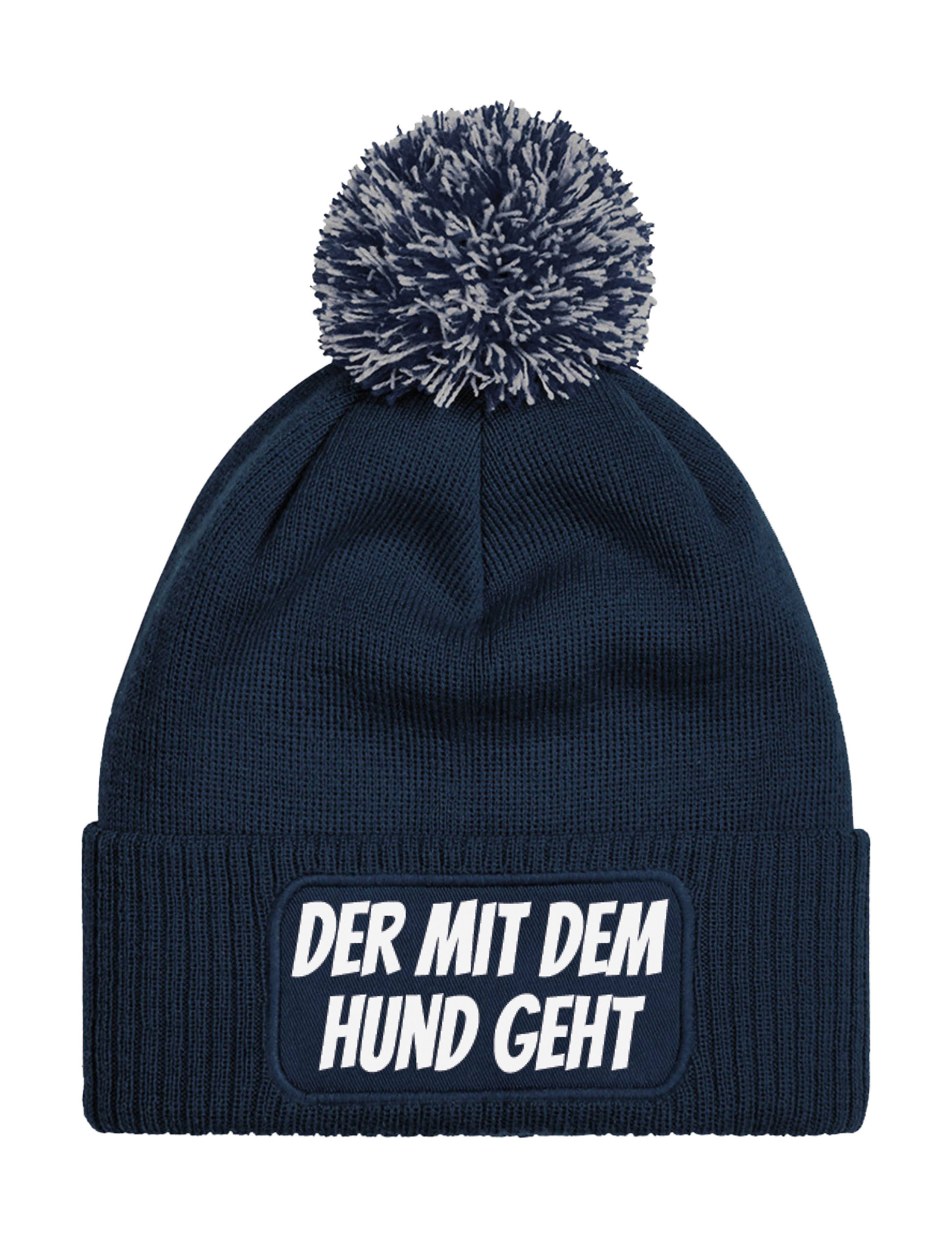 Bommelmütze Herren Strick Bommel Beanie Mütze mit "DER MIT DEM HUND GEHT" Aufdruck
