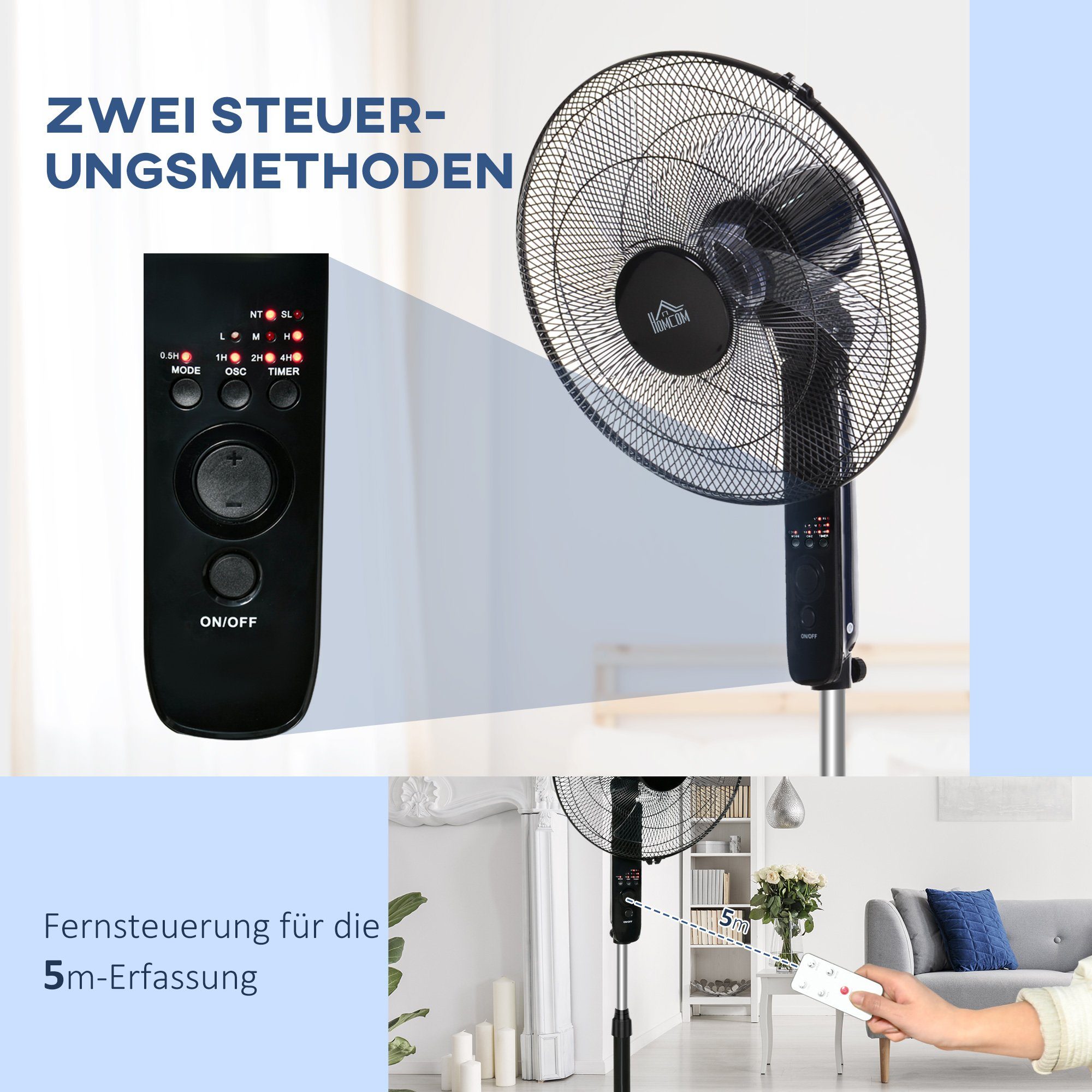 HOMCOM Standventilator mit Fernbedienung, 44.5 cm Durchmesser, für Wohnzimmer