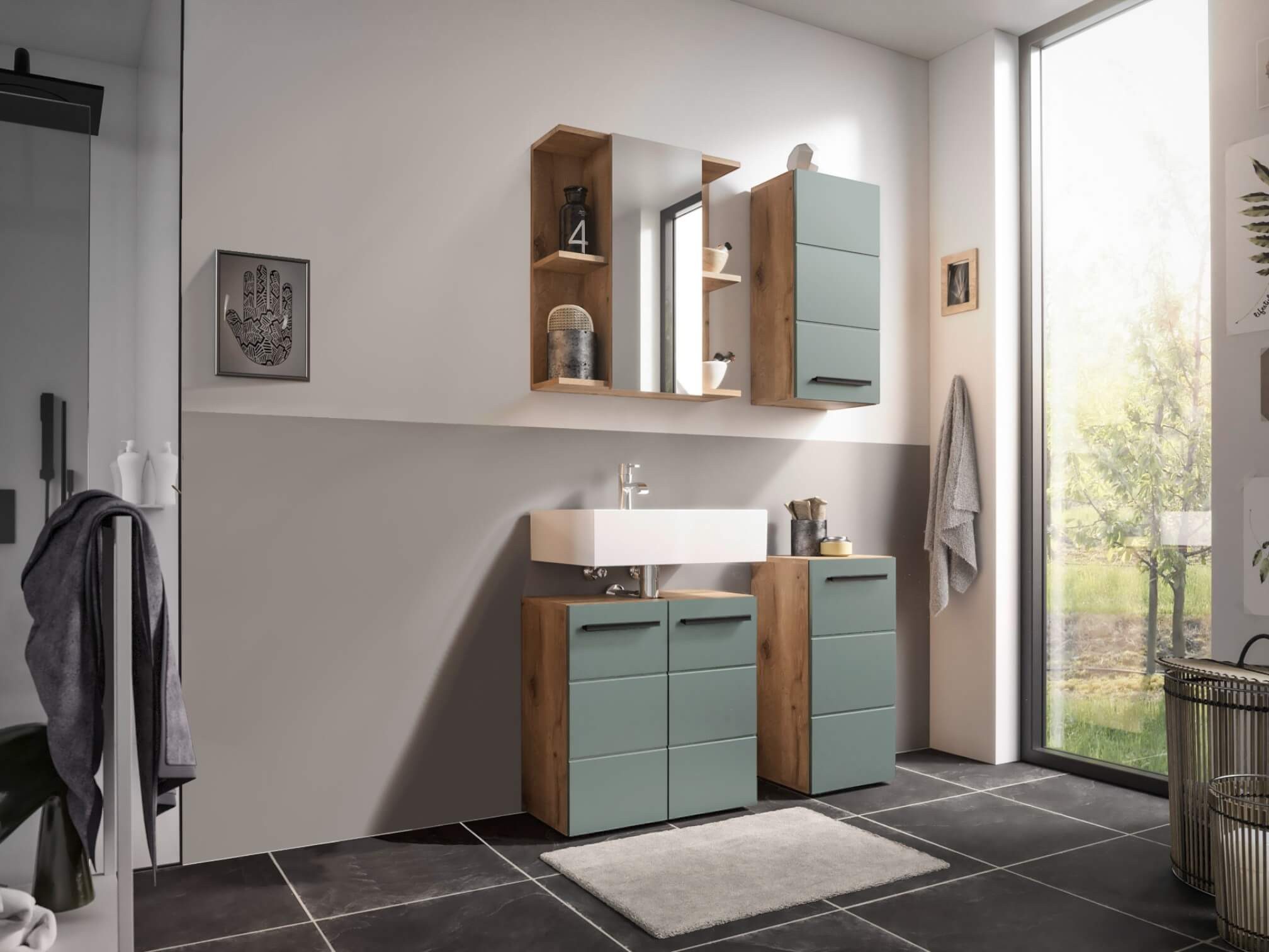 moebel-dich-auf Badezimmer-Set VALENCIA, (Waschbeckenunterschrank, Spiegelschrank, Hängeschrank, Kommode, MDF-Fronten tiefgezogen, Korpus melaminbeschichtet)