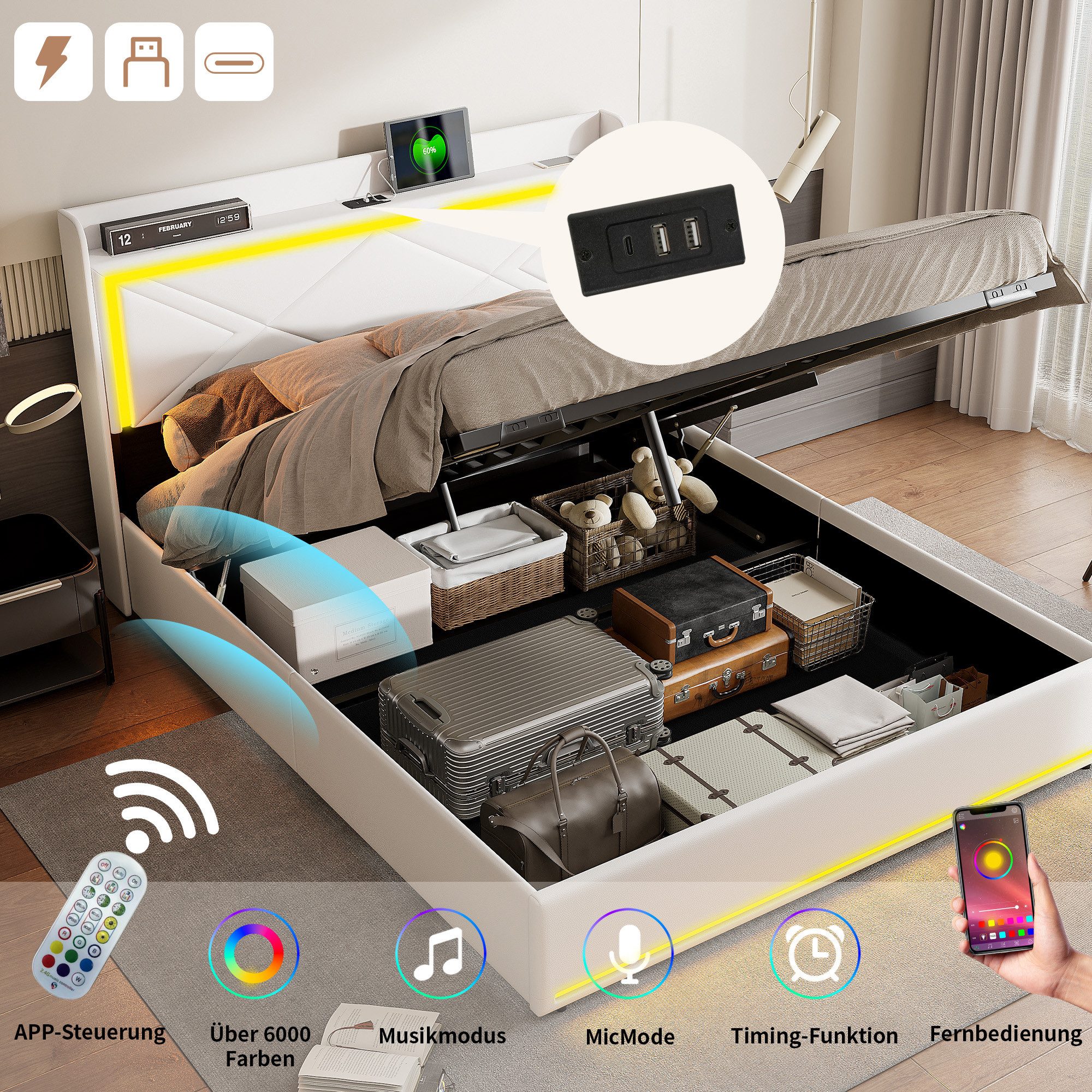 FUROKOY Polsterbett LED-Beleuchtung Kunstleder Hydraulisch Doppelbett günstig online kaufen