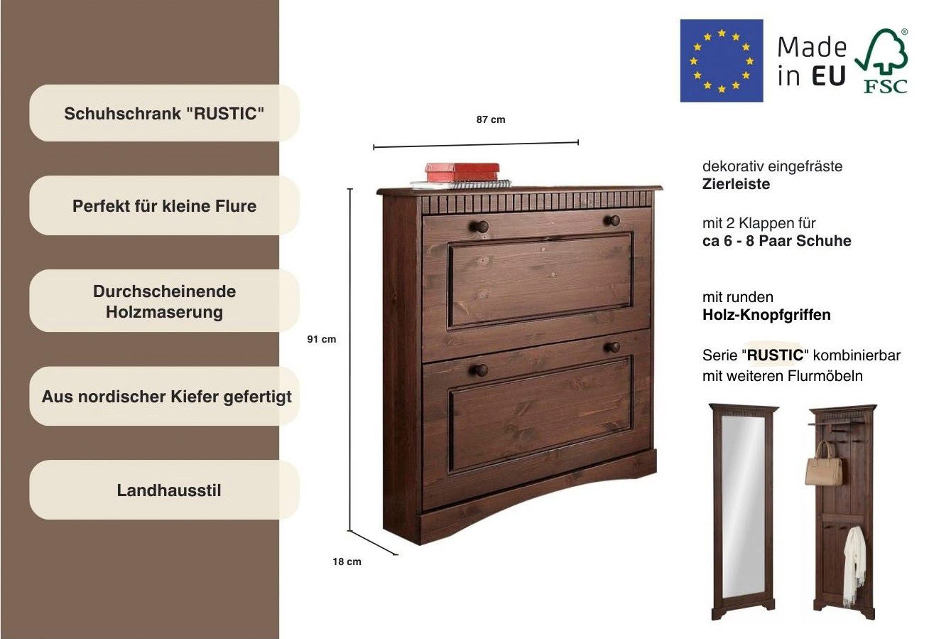 OTTO home Schuhschrank Rustic aus massiver Kiefer, 2 Schuhklappen, für 6-8 Paar, Kassettenoptik
