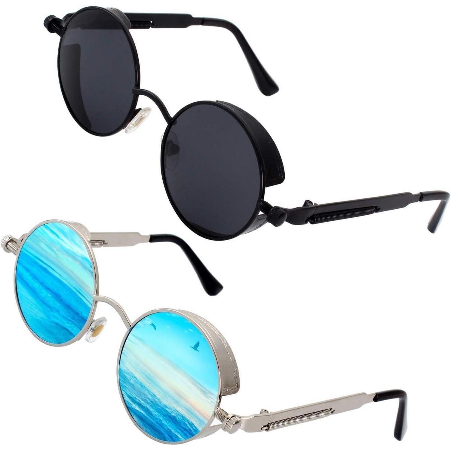 LuxusKollektion Retrosonnenbrille Sonnenbrille Retro Runde Steampunk 1.2 Schwarz Grau & Silber Blau (1-St)