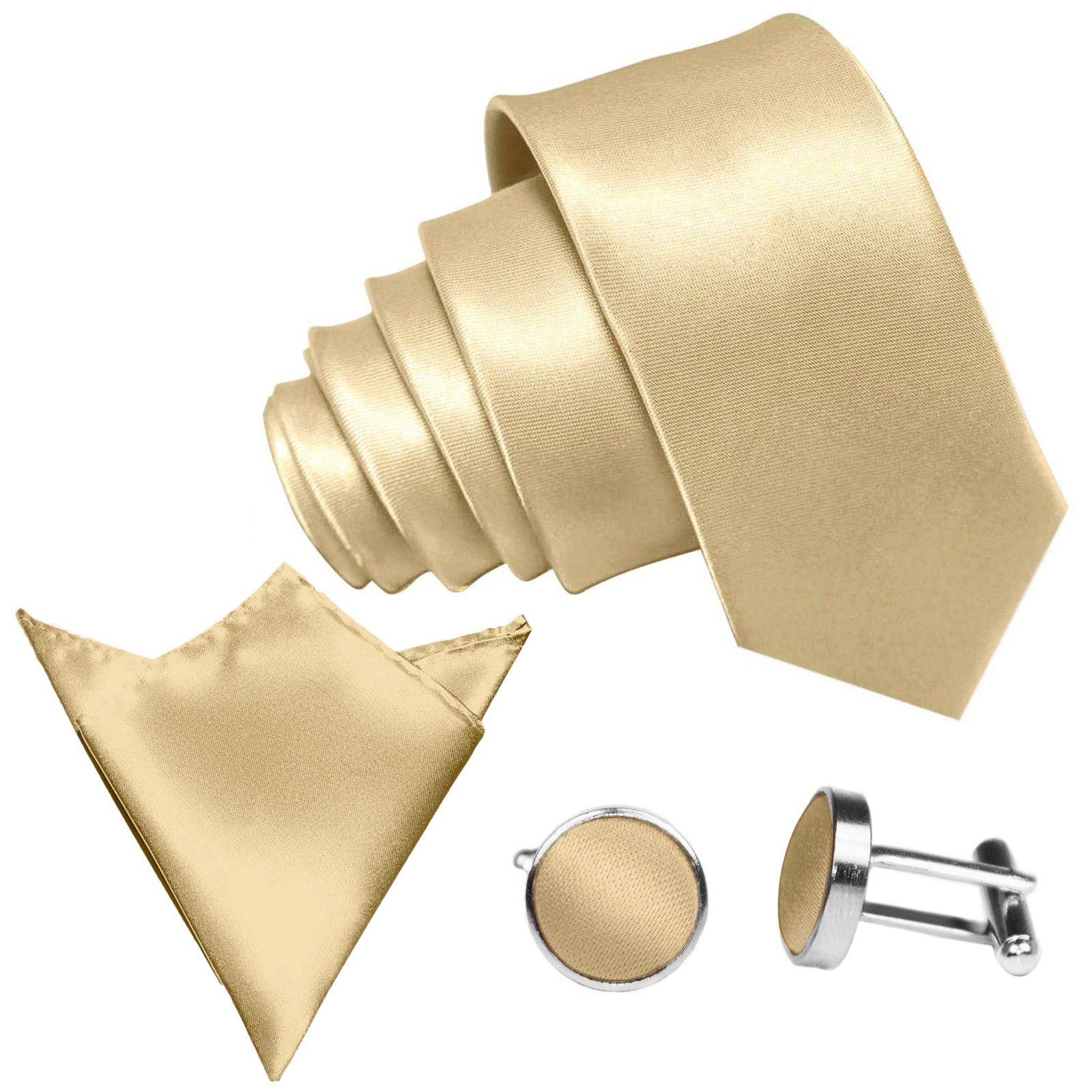 GASSANI Krawatte Satin Hochzeitskrawatte, Herren-Krawatte Hochzeit Schlips z Anzug (Set, 3-St., Krawattenset, mit Einstecktuch, Manschettenknöpfe) 8,5cm Breite, Uni, Seide-Touch-Finish, Tuch