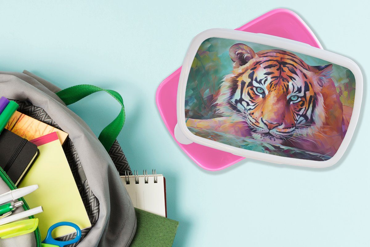 Lunchbox Brotbox (2-tlg), - rosa Tiere Brotdose - Kunststoff Erwachsene, Ölfarbe Tiger Mädchen, Kunststoff, Kunst, Snackbox, MuchoWow für - Kinder,