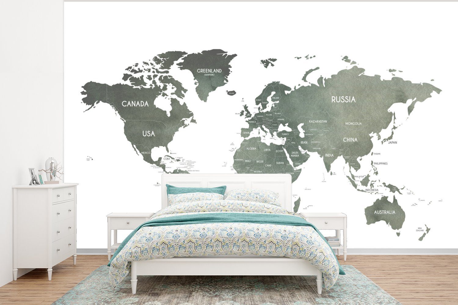 MuchoWow Fototapete Weltkarte - Geographie - Grau, Matt, bedruckt, (6 St), Wallpaper für Wohnzimmer, Schlafzimmer, Kinderzimmer, Vinyl Tapete