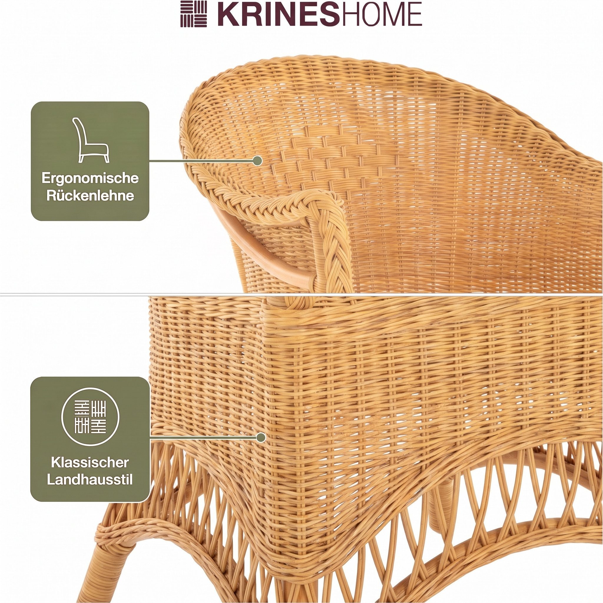 Krines Home Esszimmersessel Rattansessel Landhaus Flechtsessel Wintergarten Sessel Korbsessel, mit Armlehnen – Bild 5 von 5