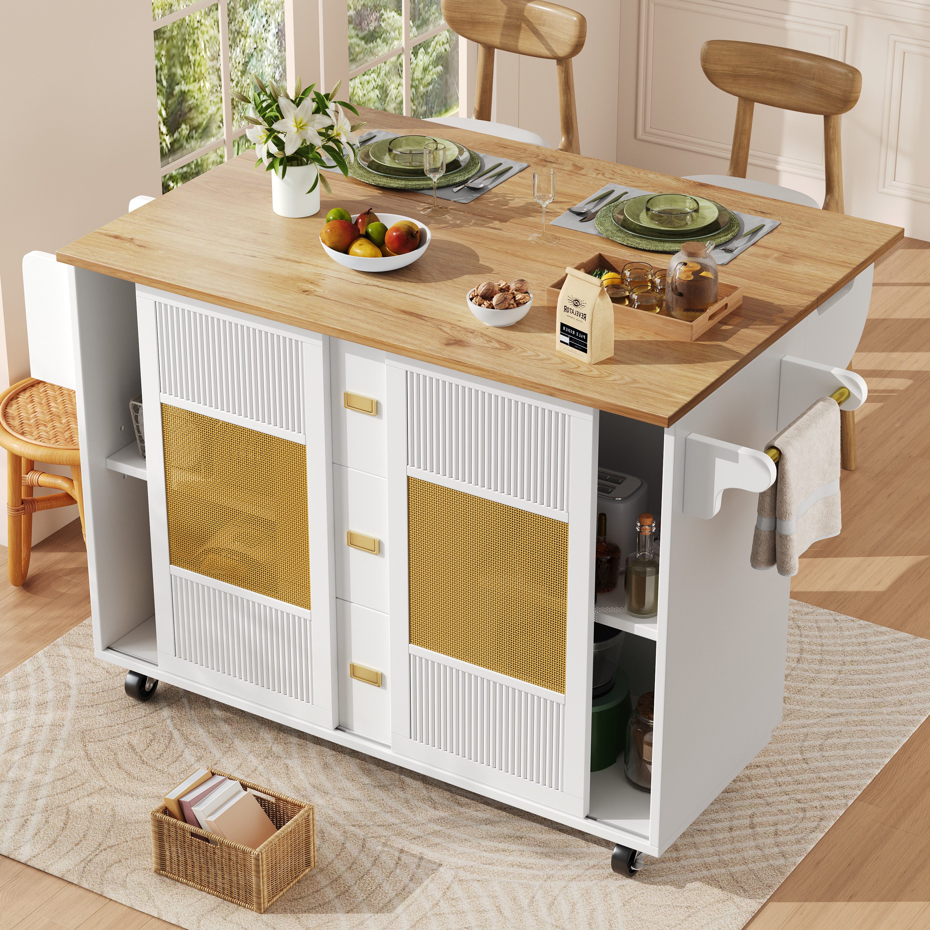 Flieks Küchenwagen mit erweiterbarer Arbeitsplatte, Rollen und Rattan-Schiebetüren, (1 St), Servierwagen mit Schubladen Kücheninsel Buffetschrank Rollwagen weiß