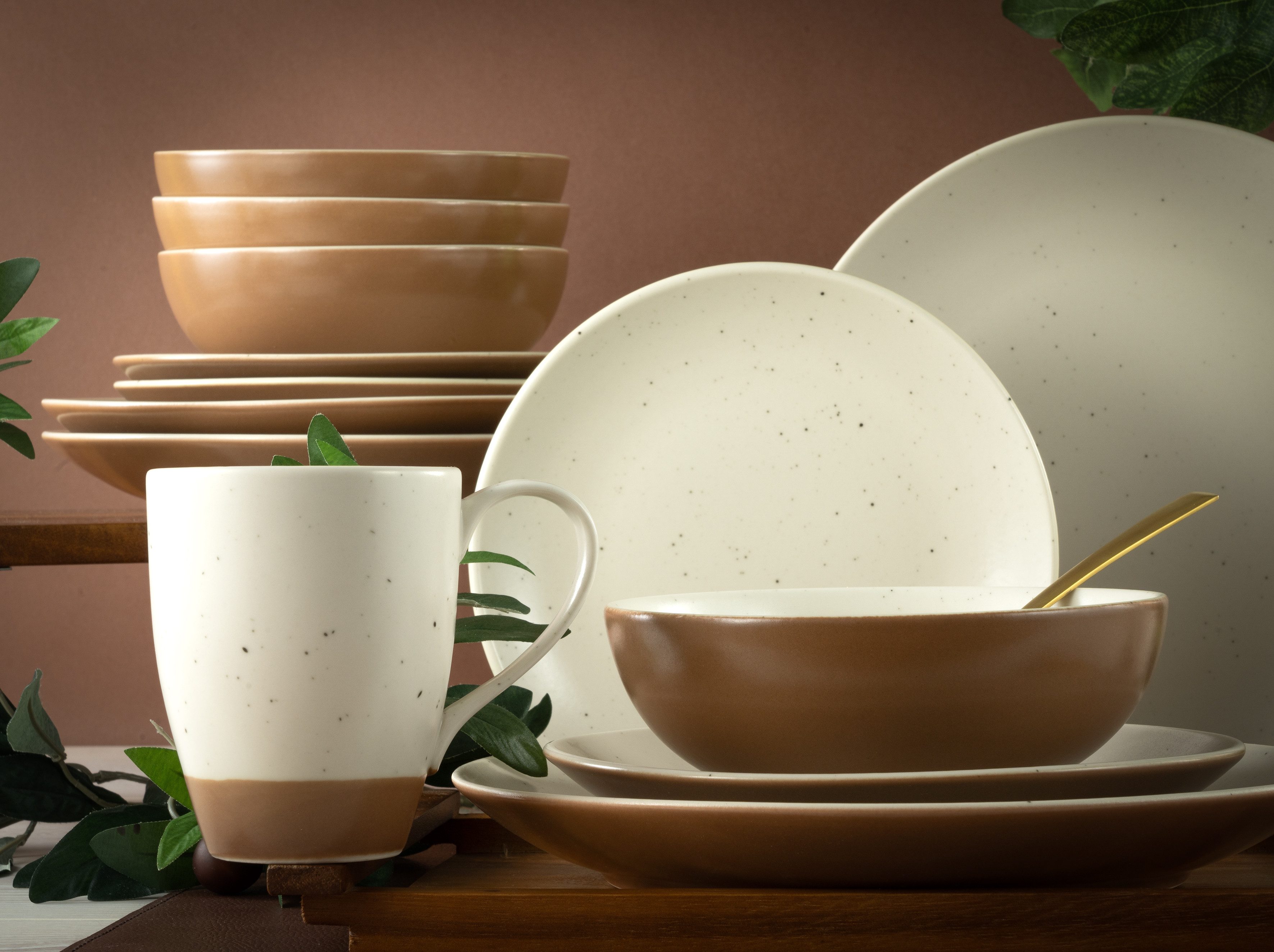 CreaTable Kombiservice Geschirr-Set Sand Dunes (16-tlg), 4 Personen, Steinzeug, Service, handwerklicher Töpfercharakter, 16 Teile, für 4 Personen