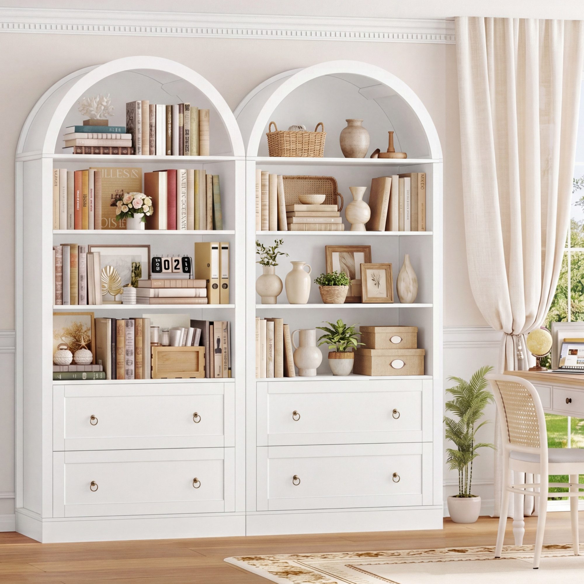 Homfa Bücherregal gewölbter Bücherschrank mit 2 Schubladen, Standregal mit 8 offenen Fächern Büroregal Holz 177x79,5x36cm – Bild 4 von 5