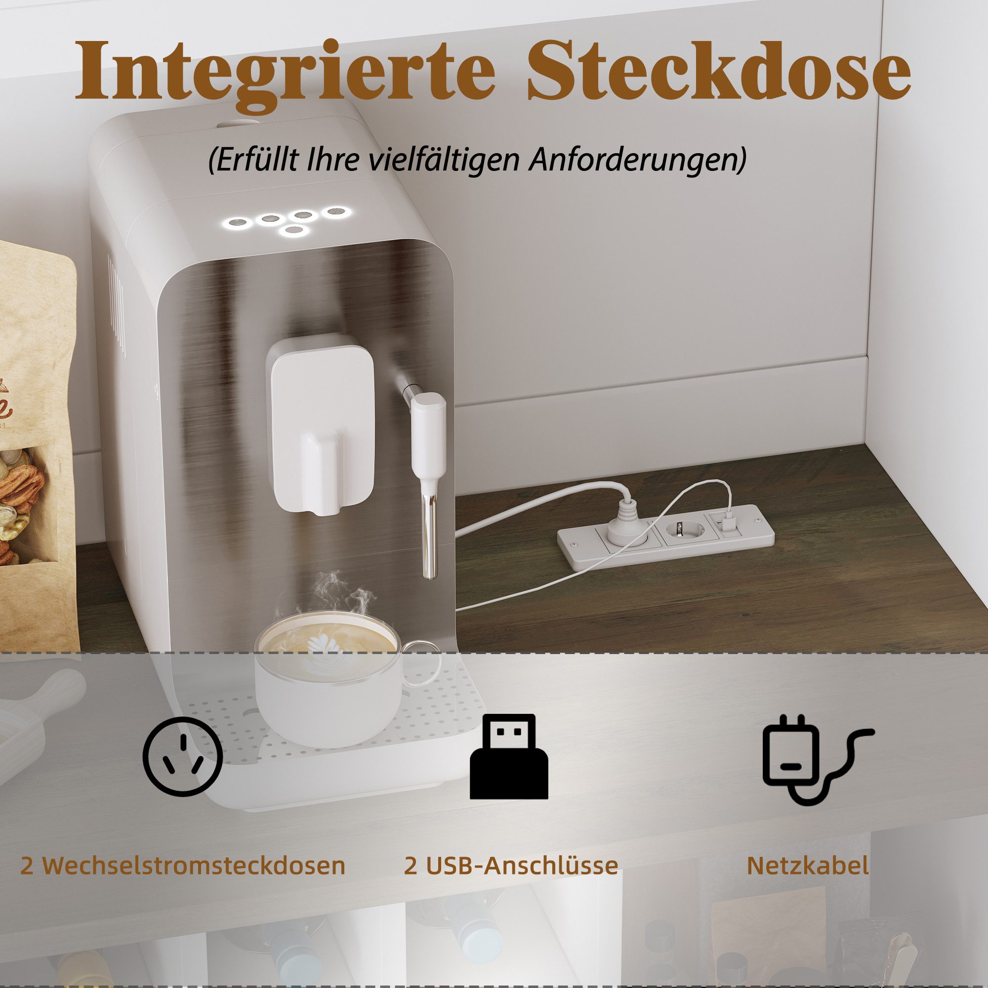 i@home Küchenbuffet Küchenhochschrank mit LED-Beleuchtung & Steckdose 6 Türen + 2 Schubladen + Weinregal, 120x36,3x180 cm, Weiß – Bild 5 von 5