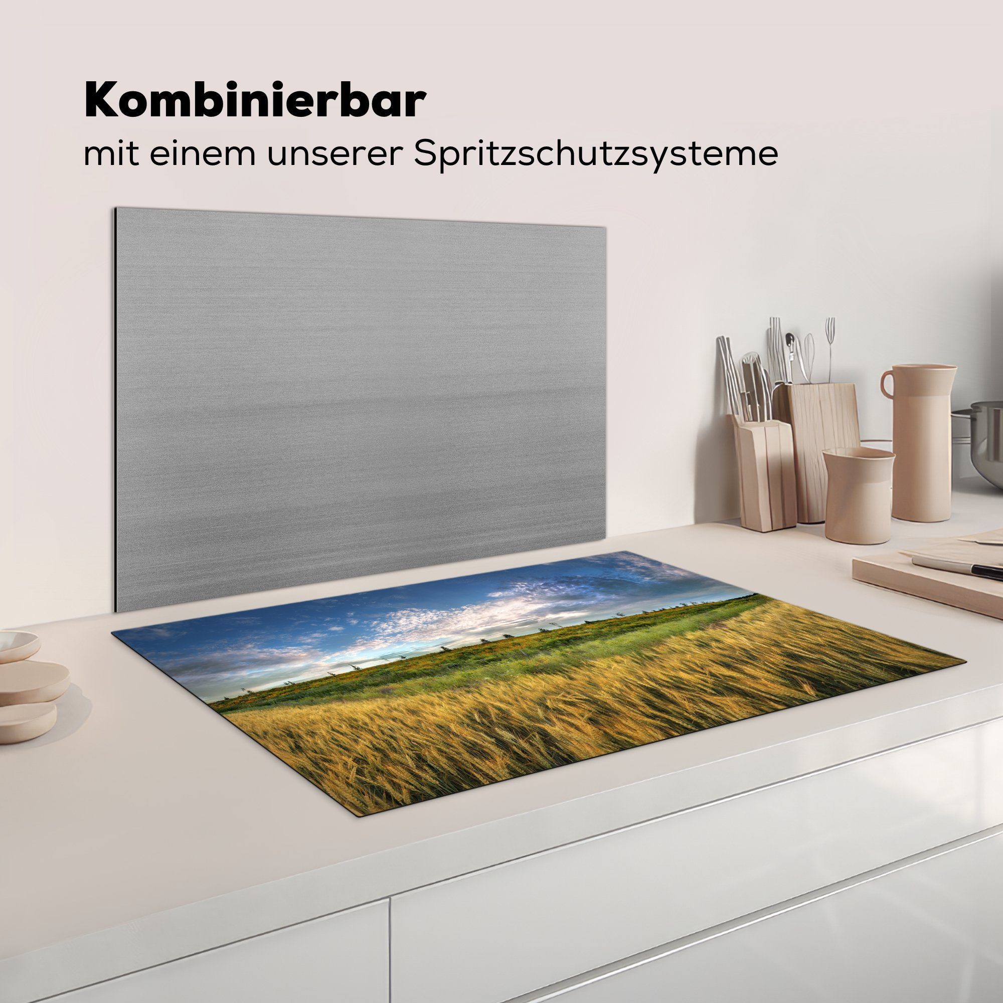 MuchoWow Herdblende-/Abdeckplatte Weizenfeld 81x52 Vinyl, Ceranfeldabdeckung küche, (1 für Schutz Nebraska, die tlg), blauem Induktionskochfeld unter cm, Himmel in