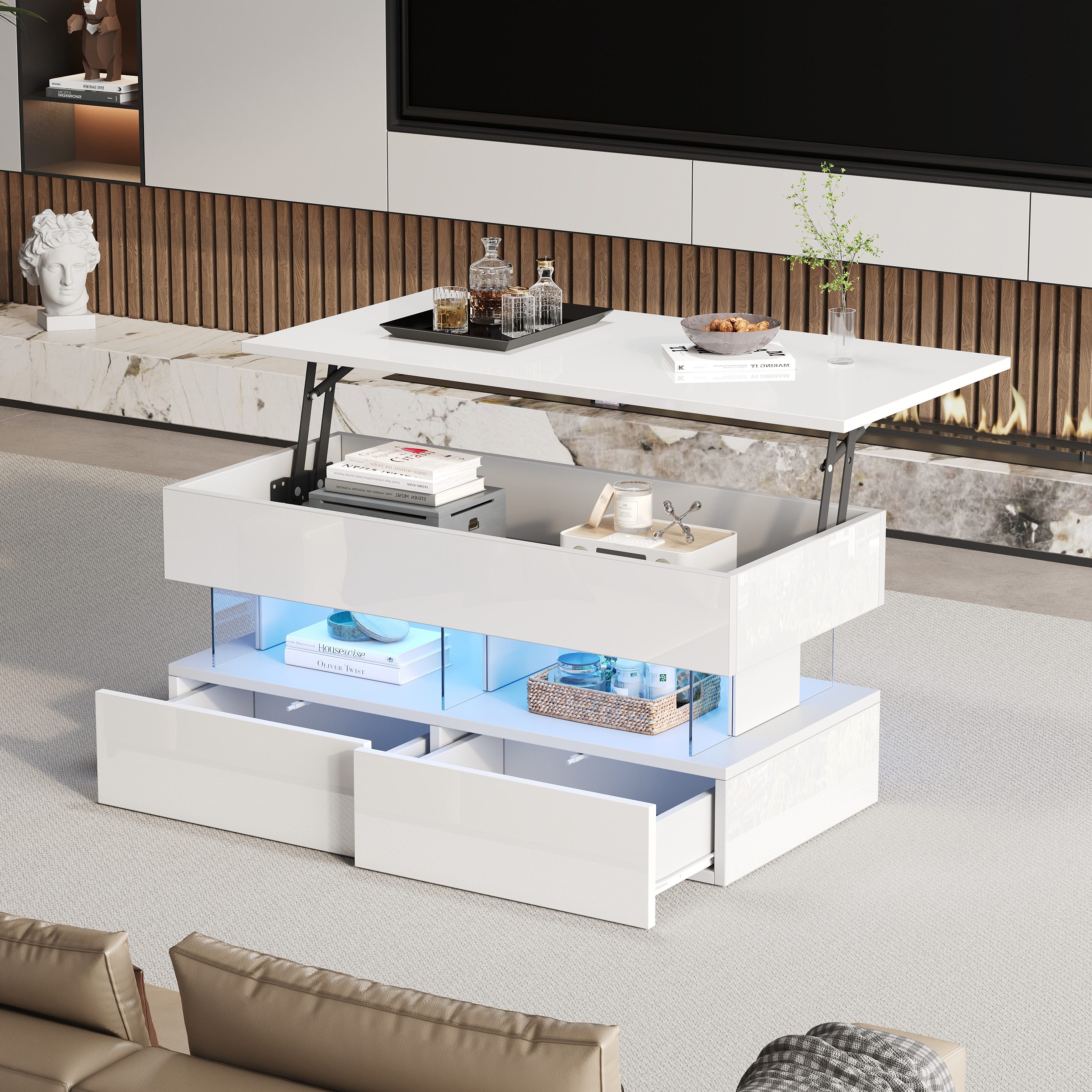 KLAM HOME Couchtisch Multifunktionaler Couchtisch mit Hubmechanismus (Moderner Sofatisch mit LED-Beleuchtung und Stauraum), Eleganter Beistelltisch in Hochglanzweiß mit Glasplatte