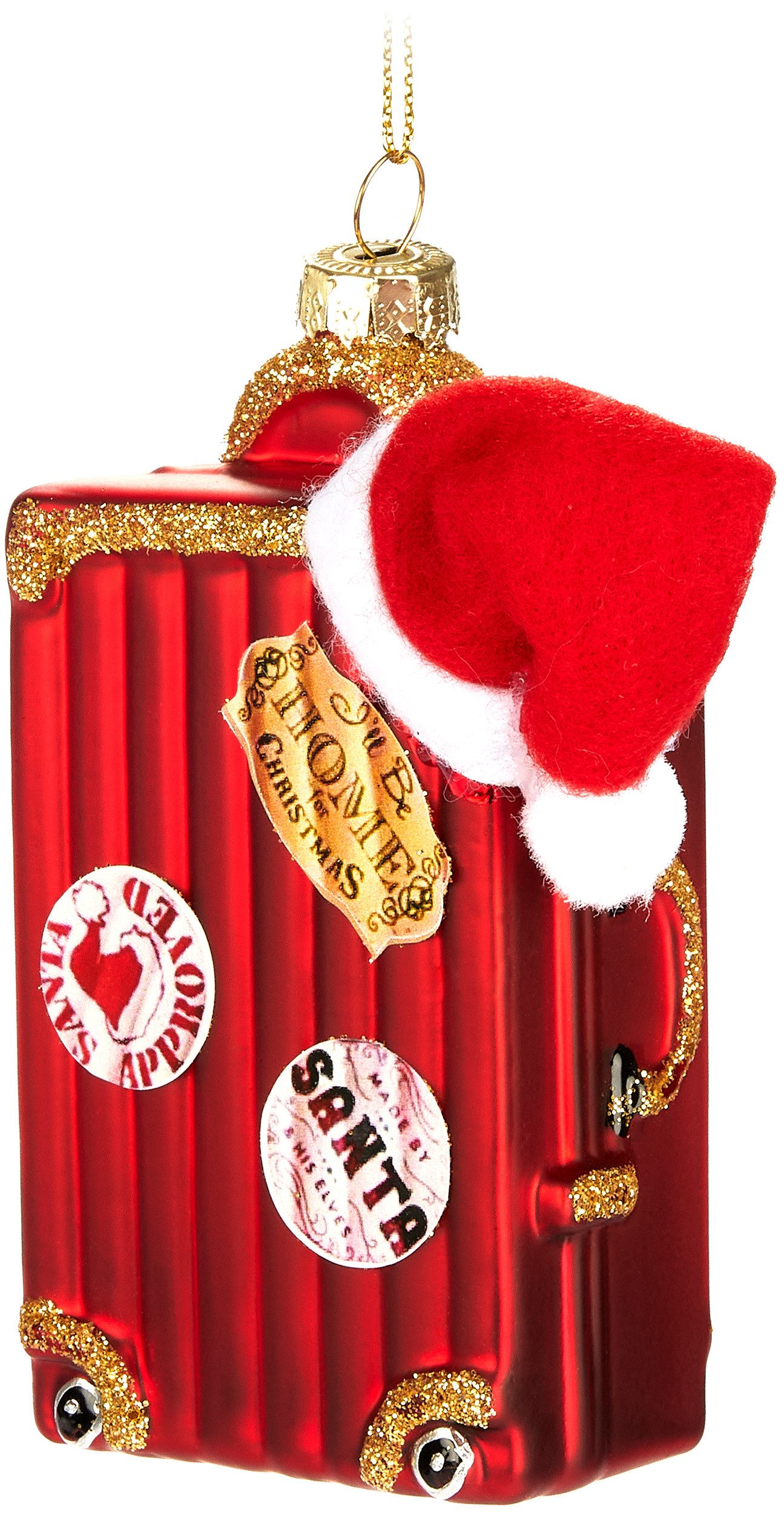 BRUBAKER Weihnachtsbaumkugel Koffer vom Weihnachtsmann - Handbemalte Weihnachtskugel aus Glas (1 St), - 12 cm Baumkugel Weihnachtskoffer Rot mit Weihnachtsmütze
