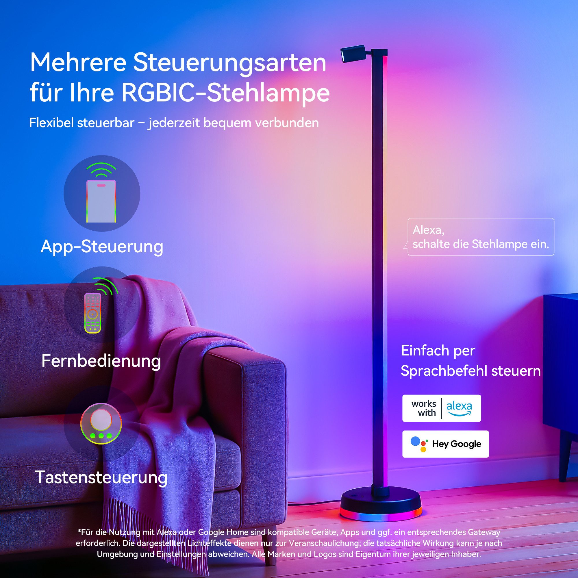 Mai & Mai LED Stehlampe LED Stehleuchte dimmbar mit Leselampe Wohnzimmer Schwarz Lineora-02, LED fest integriert, RGB + Warmweiß, Farbwechsel,16 Mio. Farben,Mus – Bild 5 von 5