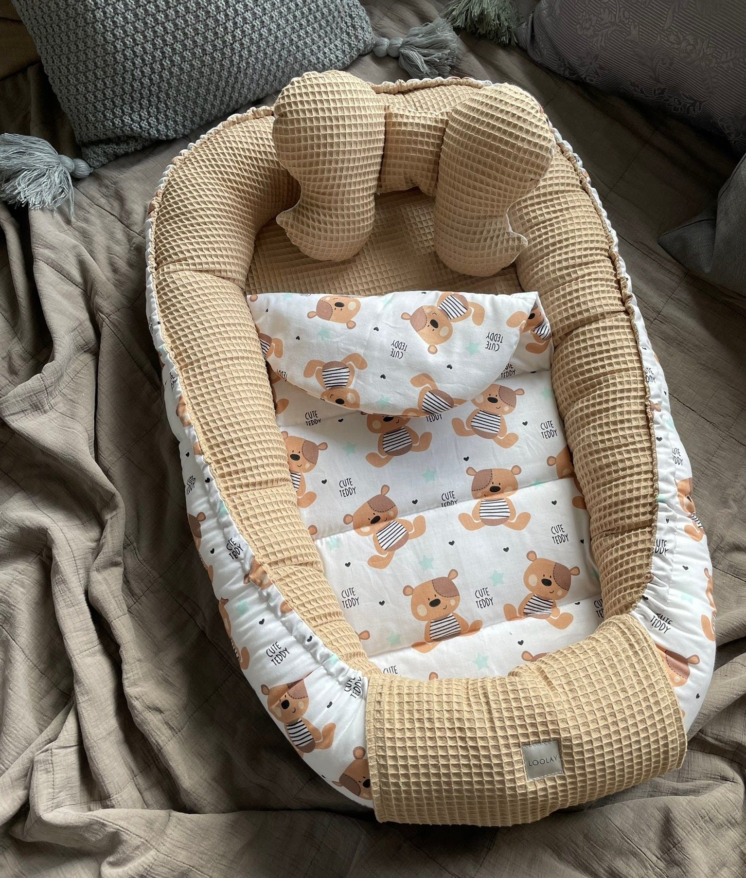 Bettnestchen TAUPE WAFFELPIQUE Braun TEDDY Baumwolle BABYNEST Babykokon Kokon