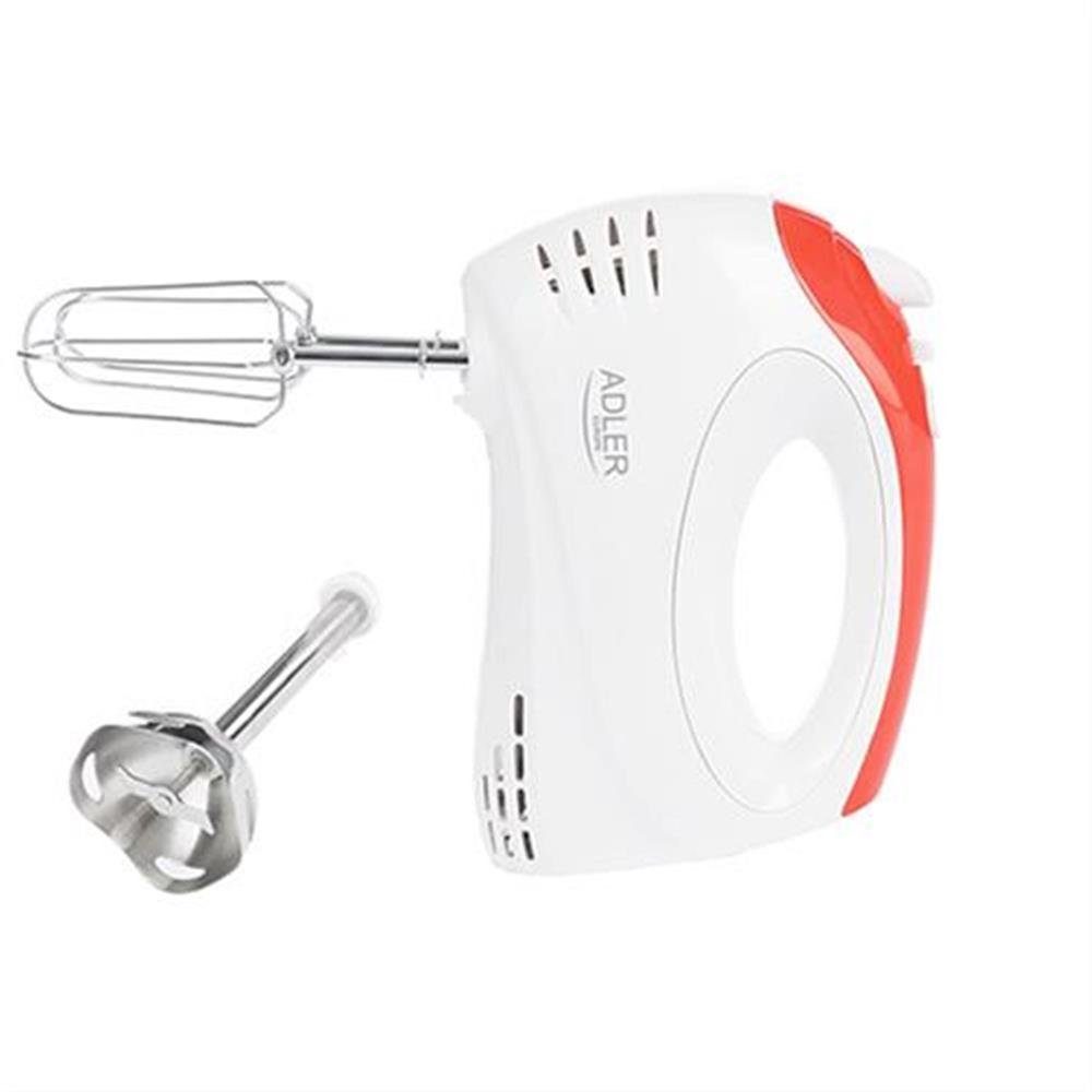 Adler Handmixer AD 4212, 300,00 W, mit Schneebesen und Knethaken, 5 Geschwindigkeiten, weiß, rot