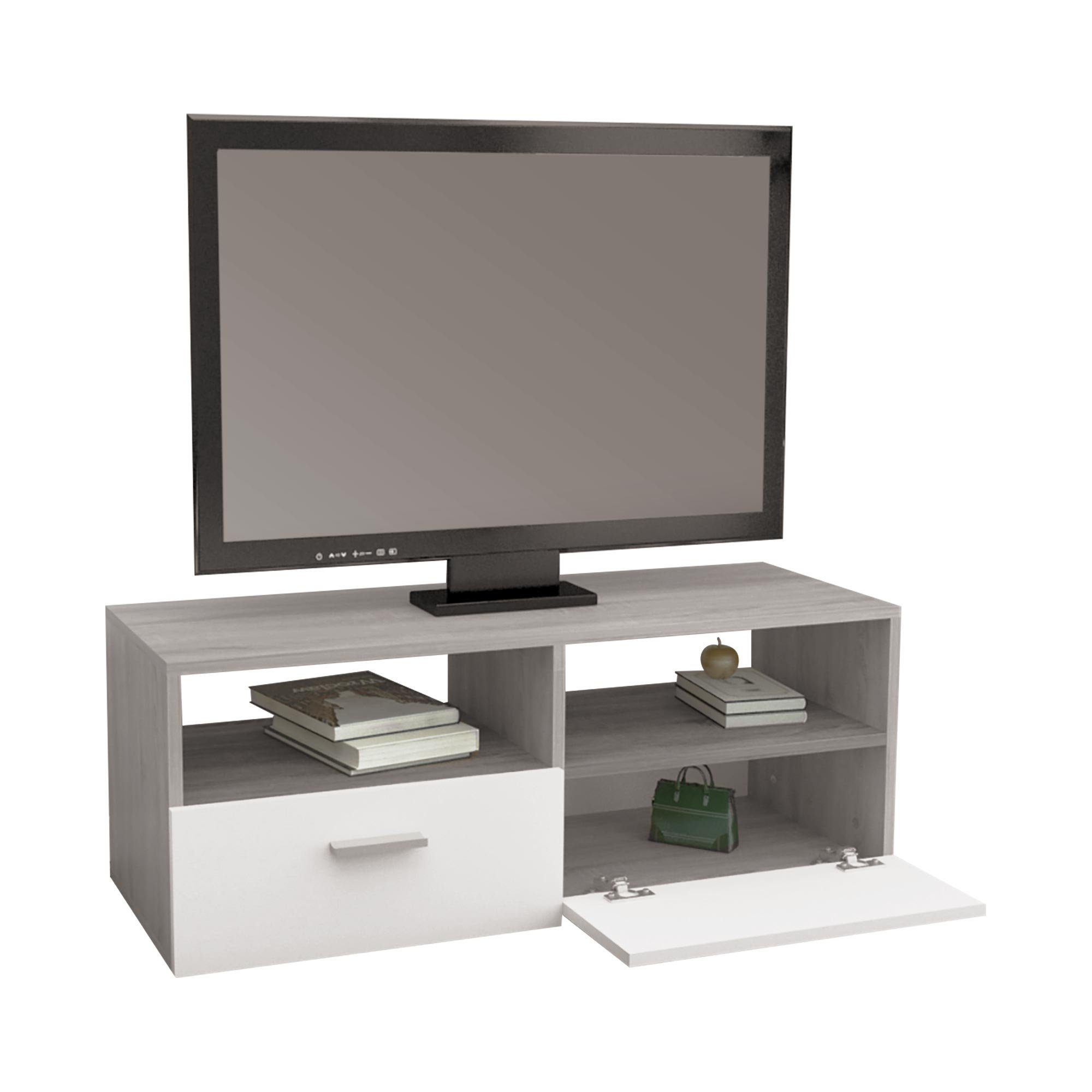ML-DESIGN Sideboard TV-Lowboard Modernes TV-Board mit Stauraum für Wohnzimmer, aus Holz, mit 2 Klapptüren und 2 offenen Fächern Grau, Weiß