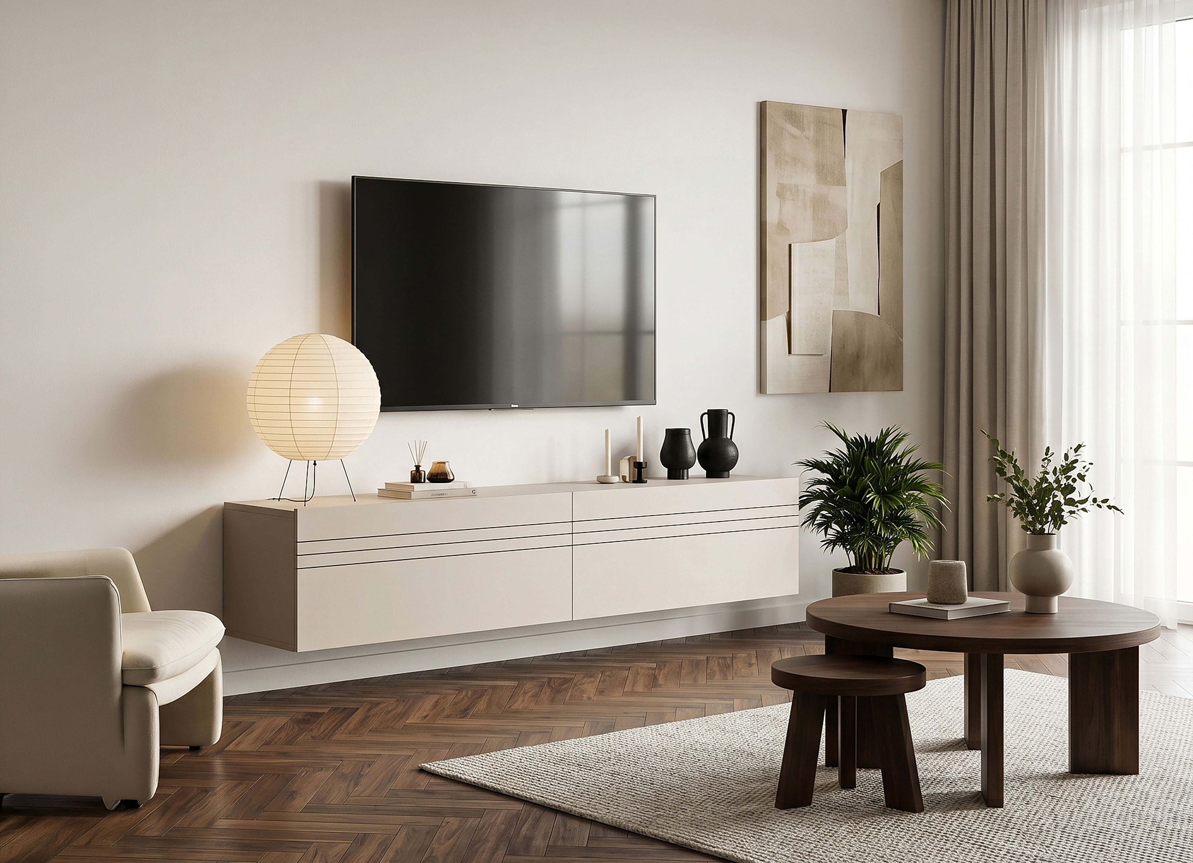 OTTO home Lowboard SPIAGGIA, 2-teiliges Set, Breite 180cm, stehend & hängend montierbar (Grifflose Fronten mit Gasdruckfeder, Fronten mit horizontaler Fräsung), TV-Möbel, TV-Schrank, TV-Lowboard, Mediaboard