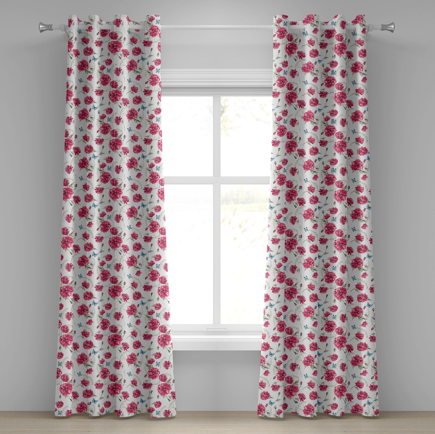 Gardine Dekorative 2-Panel-Fenstervorhänge für Schlafzimmer Wohnzimmer, Abakuhaus, Schmetterling Poppy Flora Blüten | Fertiggardinen