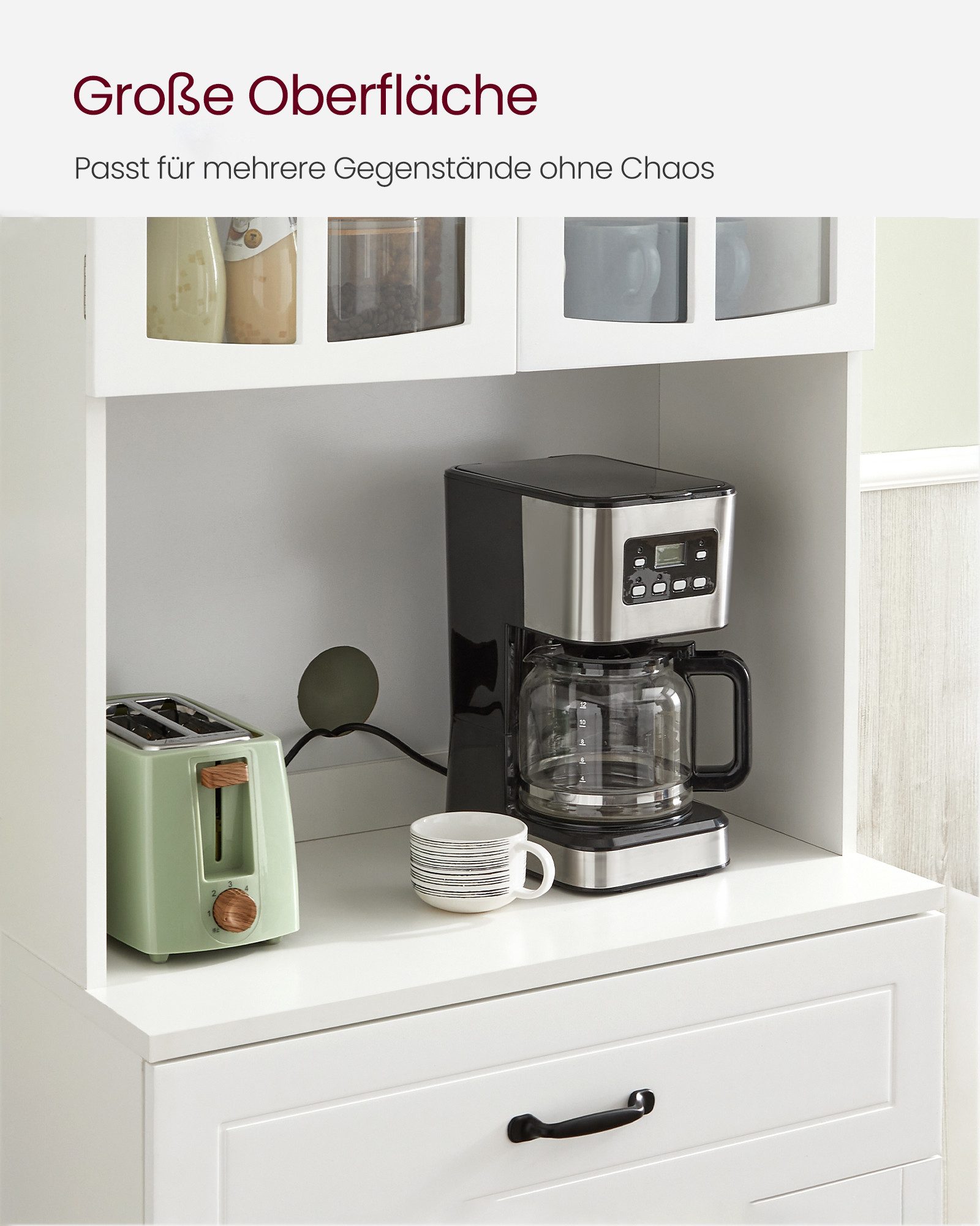 VASAGLE Buffet Küchenschrank Mehrzweckschrank mit verstellbaren Einlegeböden moderner Stil, Schublade, Vorratsschrank, Glastüren, Kabelloch – Bild 4 von 5