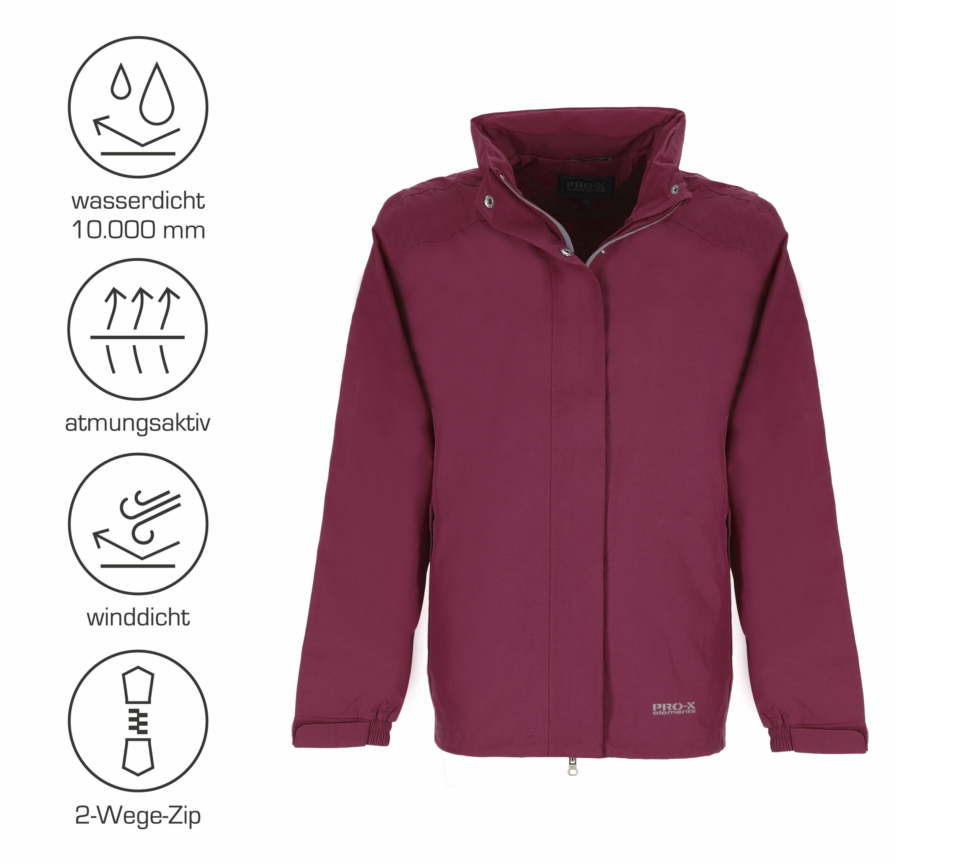 PRO-X ELEMENTS Funktionsjacke CARRIE wasserdicht, atmungsaktiv, im Packsack verstaubar, große Größen Wasserdicht Atmungsaktiv Leicht Im Packsack verstaubar Große Größen