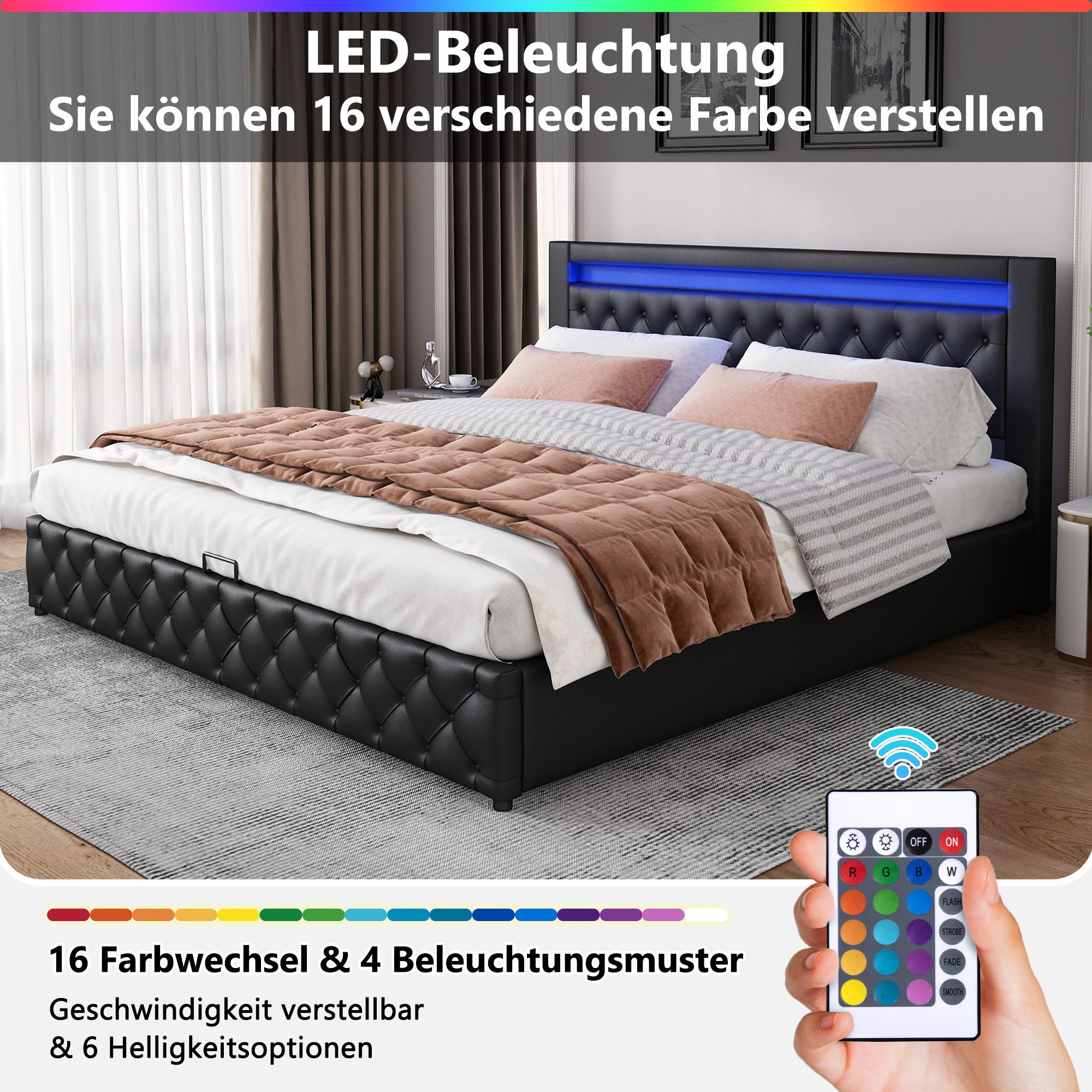MODFU Polsterbett Bett mit Stauraum gepolstertem Kopfteil (160x200cm ohne Matratz, 1-tlg), Funktionsbett mit Lattenrost und Stauraum,Mit LED-Beleuchtung