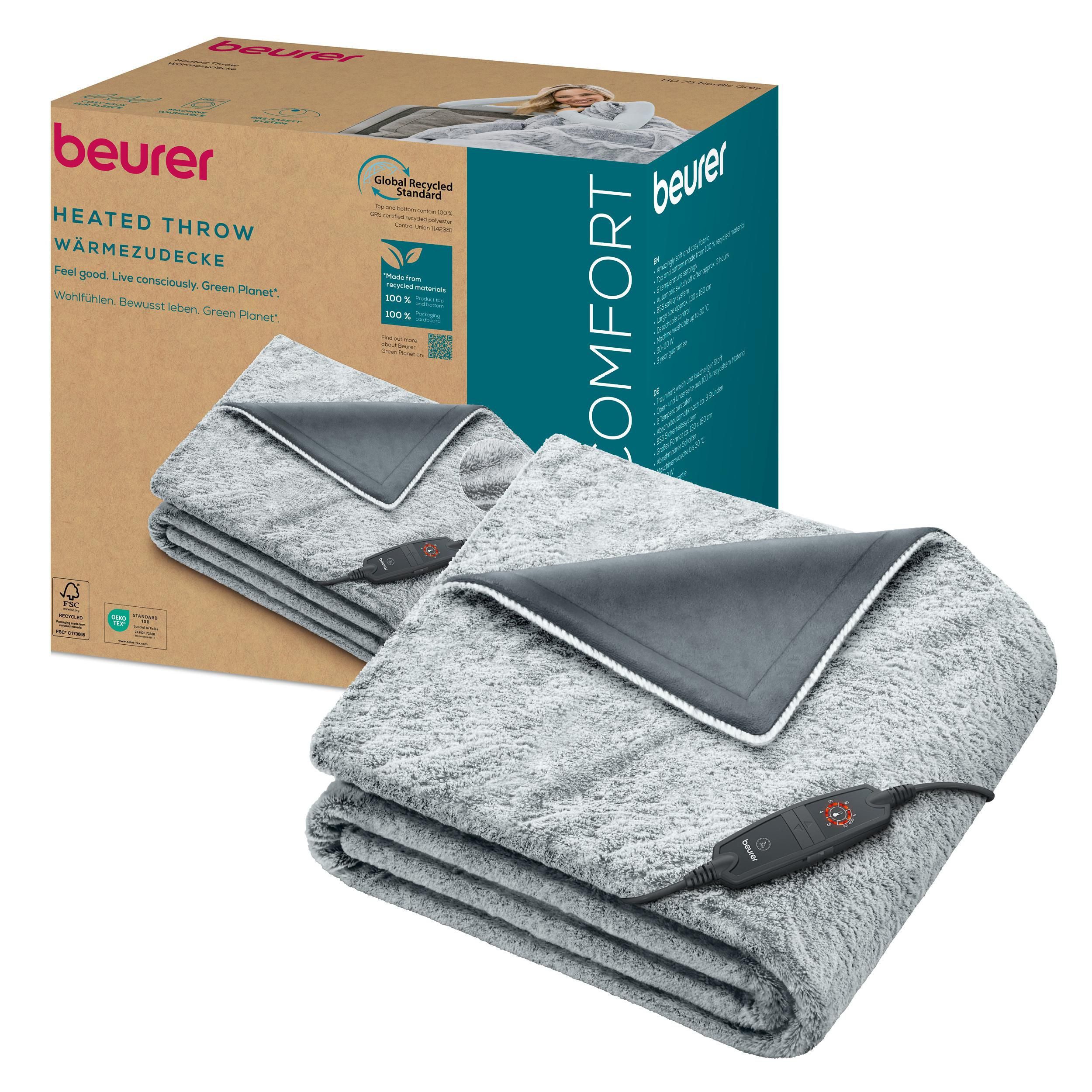 BEURER Heizdecke HD 75 Nordic Grey Green Planet, aus recycelten Materialien, kuschelige Wärmedecke in Kunstfelloptik, mit 6 Temperaturstufen