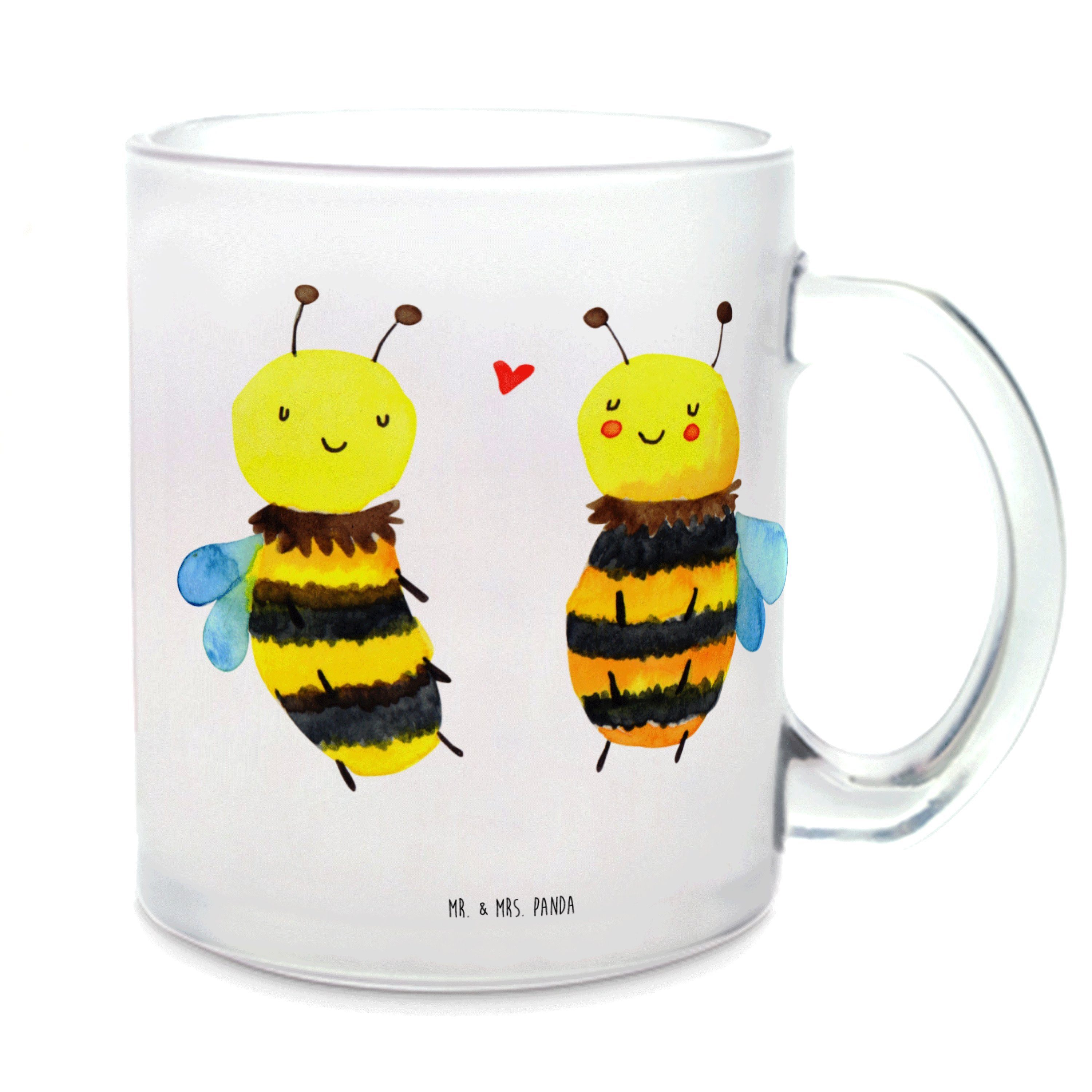 Mr. & Mrs. Panda Teeglas Biene Verliebt - Transparent - Geschenk, Teetasse, Teetasse aus Glas, Premium Glas, Edler Aufdruck