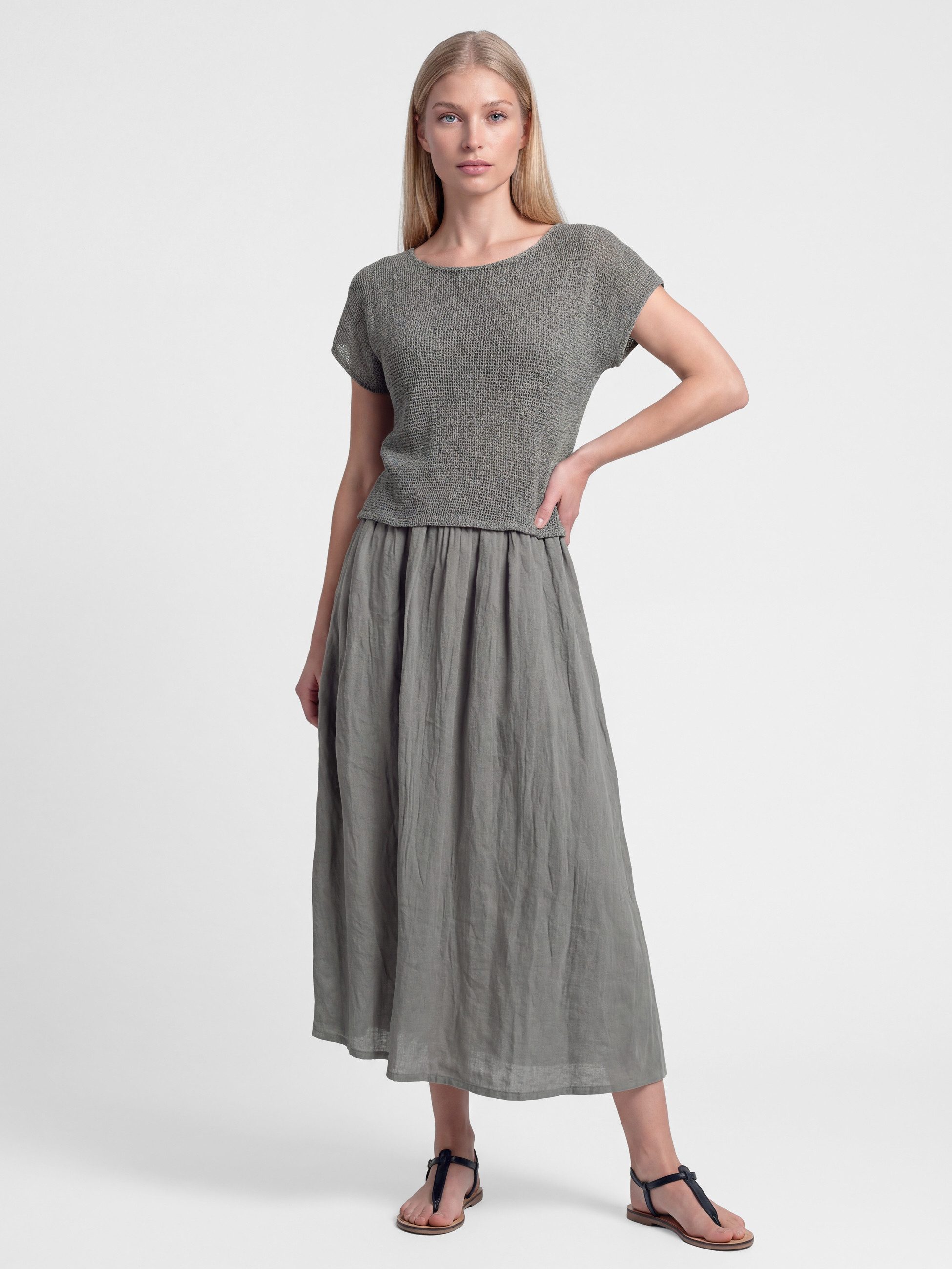 PEKIVESSA Sommerkleid Lässiges Midikleid im angesagten Lagen-Look aus Baumwolle-Leinen-Webstoff