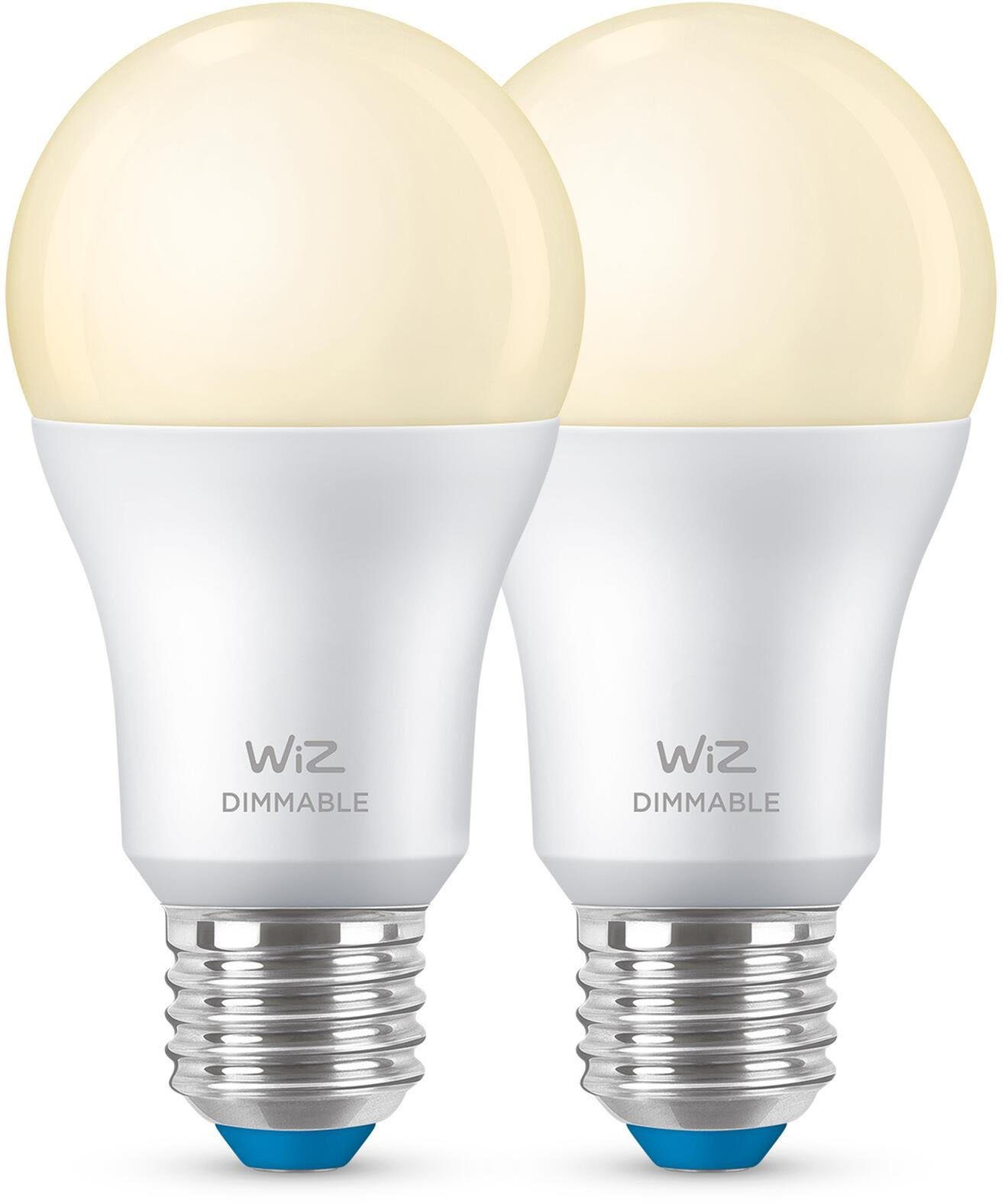WiZ LED-Leuchtmittel White 60W E27 Standardform Dimmable matt Doppelpack, E27, Warmweiß