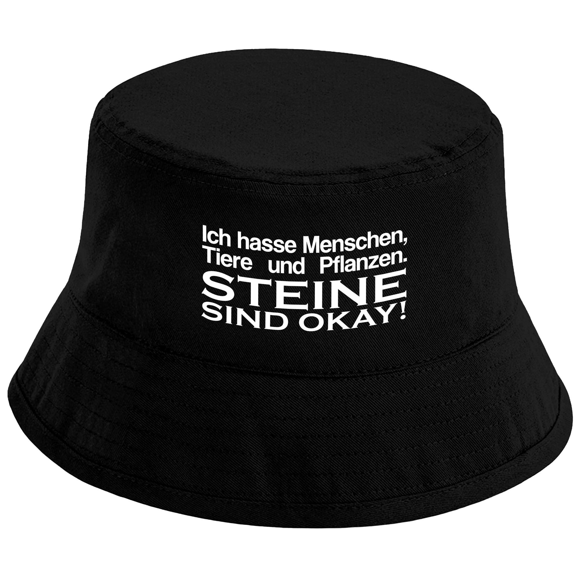 Herzbotschaft Sonnenhut Bucket Hat Ich hasse Menschen, Tiere und Pflanzen. Steine sind okay! (Unisex Einheitsgröße, Sommerhut mit Spruch, Festivalhut, Fischerhut) für Damen & Herren