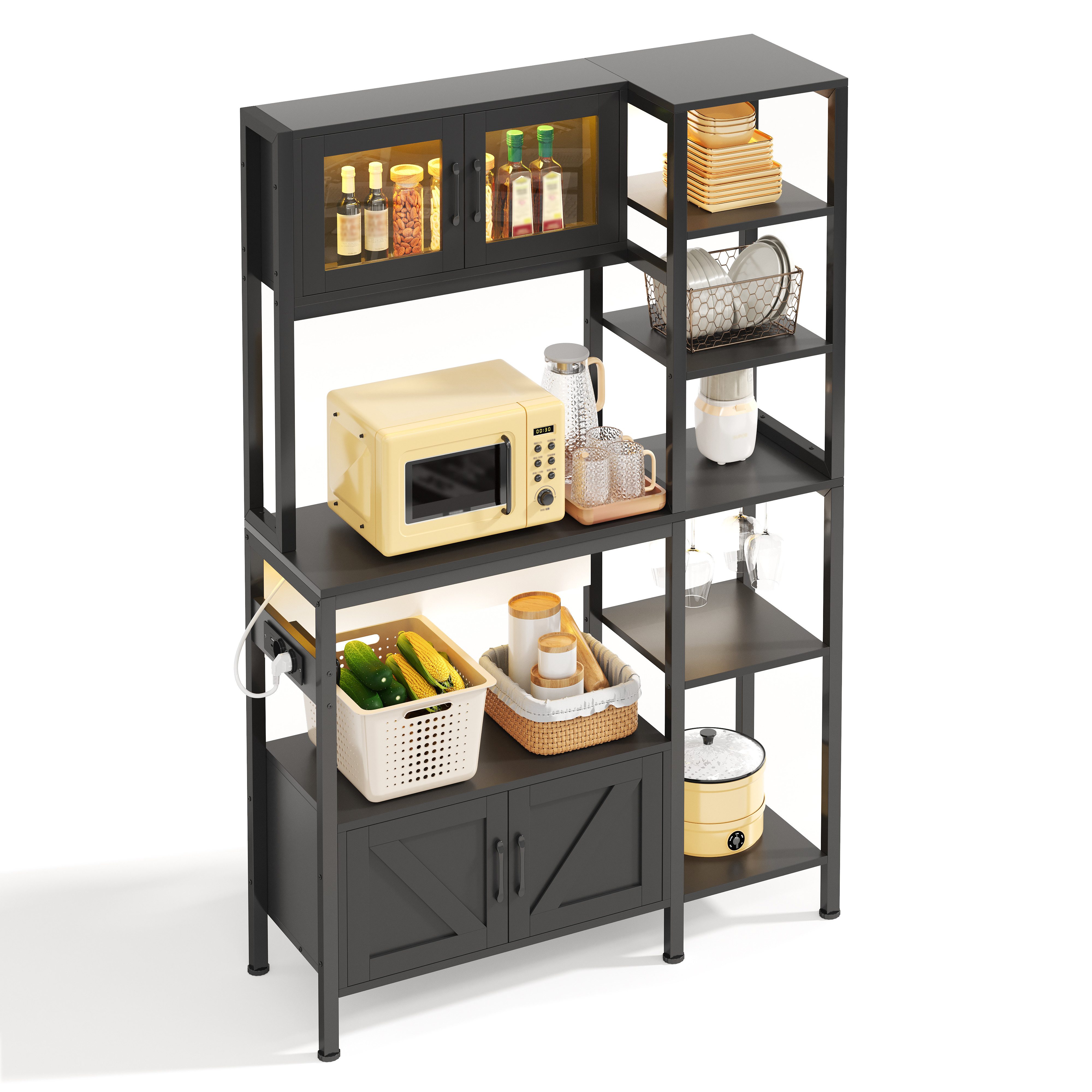 BlingBin Standregal Backregal Küchenregal Küchenschrank Mikrowellenregal, 1-tlg., mit Steckdose, LED-Beleuchtung, Weinglashalter, 115L×40B×180Hcm