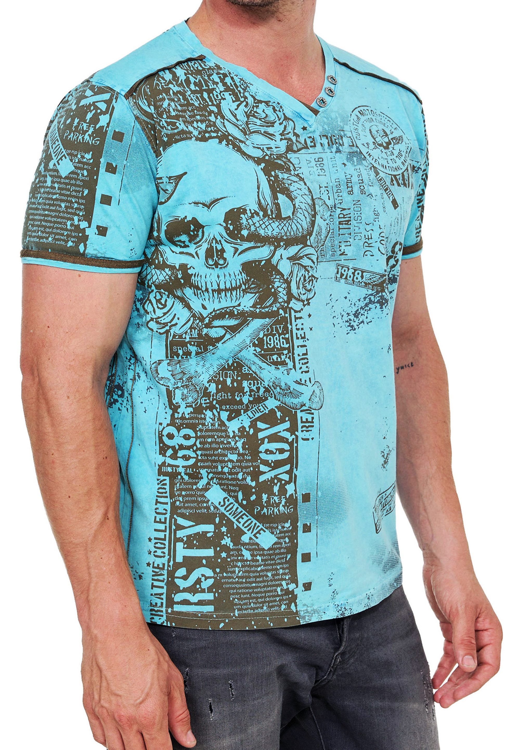 R-NEAL T-Shirt Designer Herren T-Shirt Verwaschen All Over Skull Print Rocker Shirt