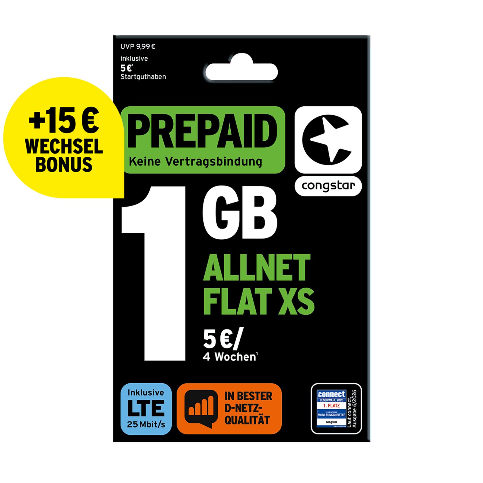 Congstar Prepaid ALLNET XS SIM-Karte ohne Vertrag 5G mit 25 Mbit/s Prepaidkarte, (Telefonie & SMS Flat, EU-Roaming inkl)