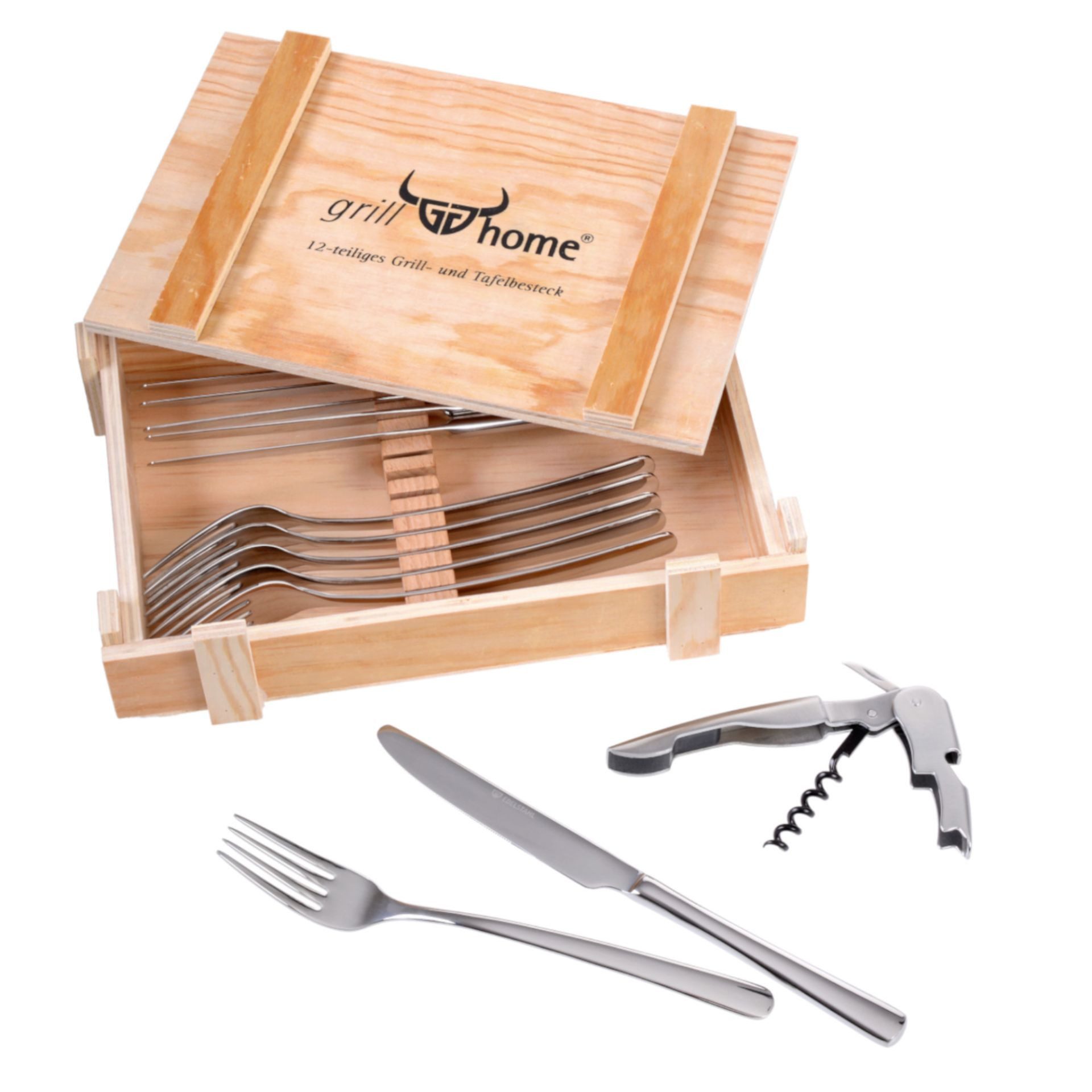 GRÄWE Steakmesser Grill-/Tafelbesteck SYLT in Holzkiste, mit Flaschenöffner Lieferung in rustikaler Holzkiste – perfekte Geschenkidee