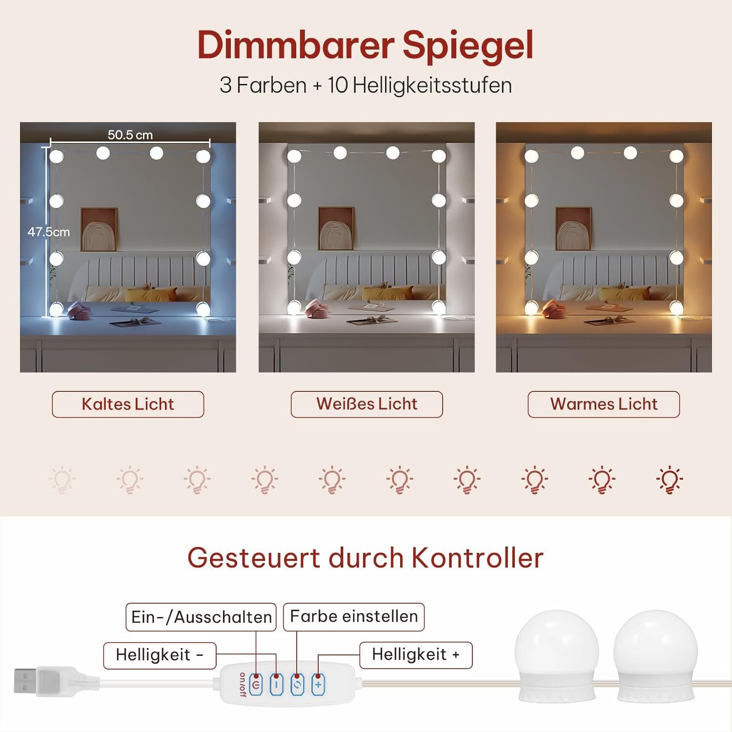 Woltu Schminktisch, weiß, mit Spiegel mit Beleuchtung und Steckdose, 110x140x40 cm