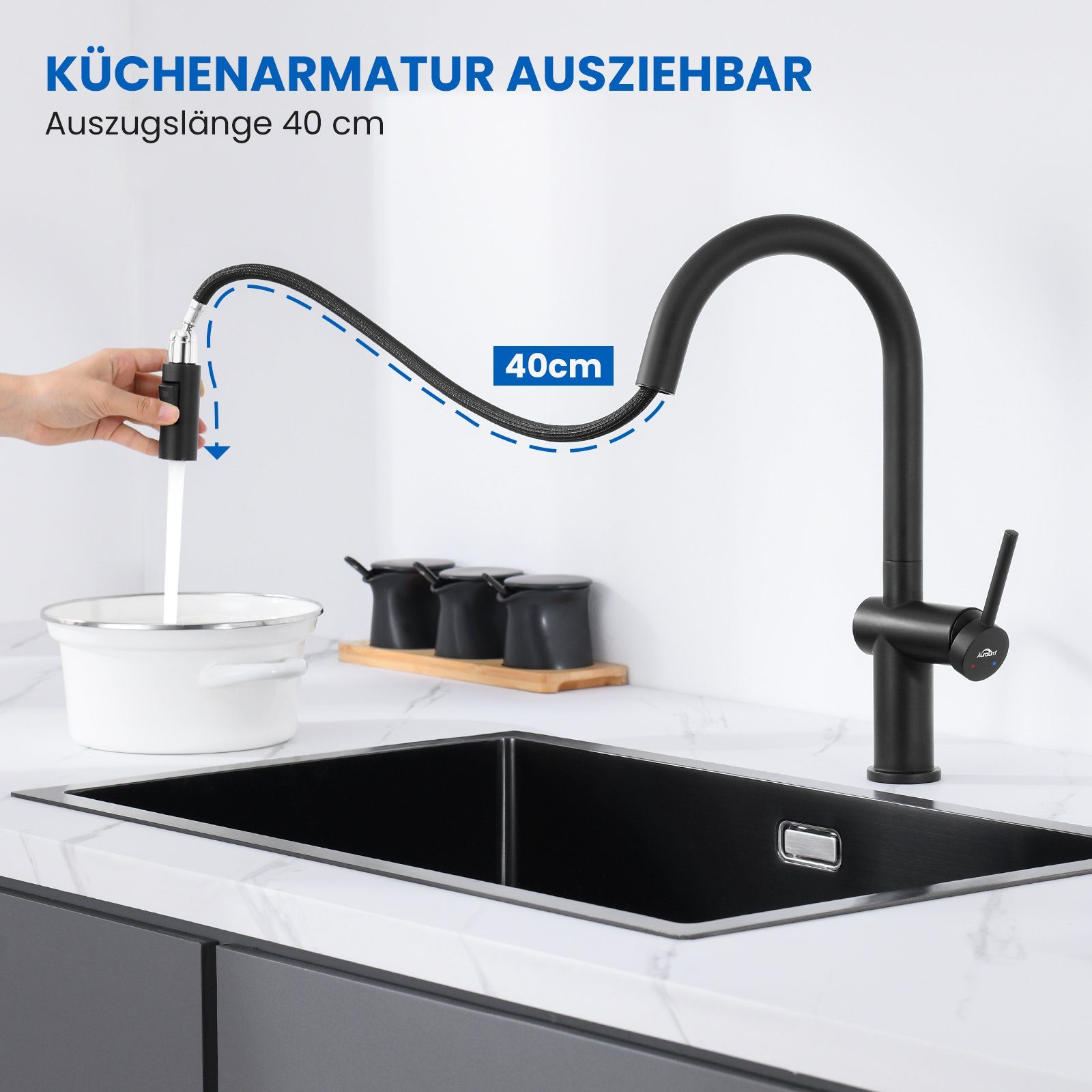 Auralum Küchenarmatur Hochdruck Wasserhahn mit Spültischarmatur Ausziehbar Funktionen Mischbatterie Schwarz Brause 2
