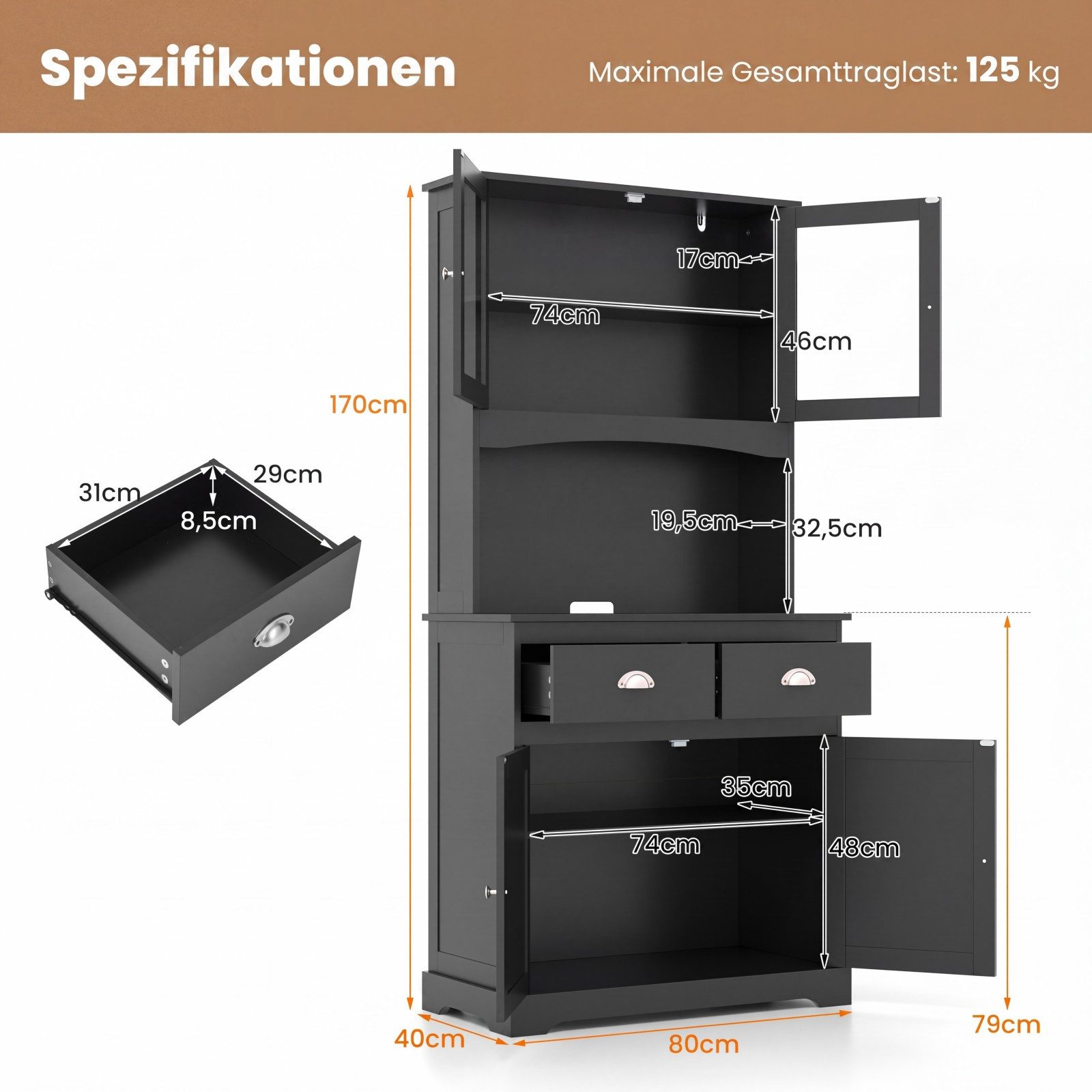 COSTWAY Küchenbuffet verstellbare Ablage 2 Schubladen bis 125kg 80x40x170cm