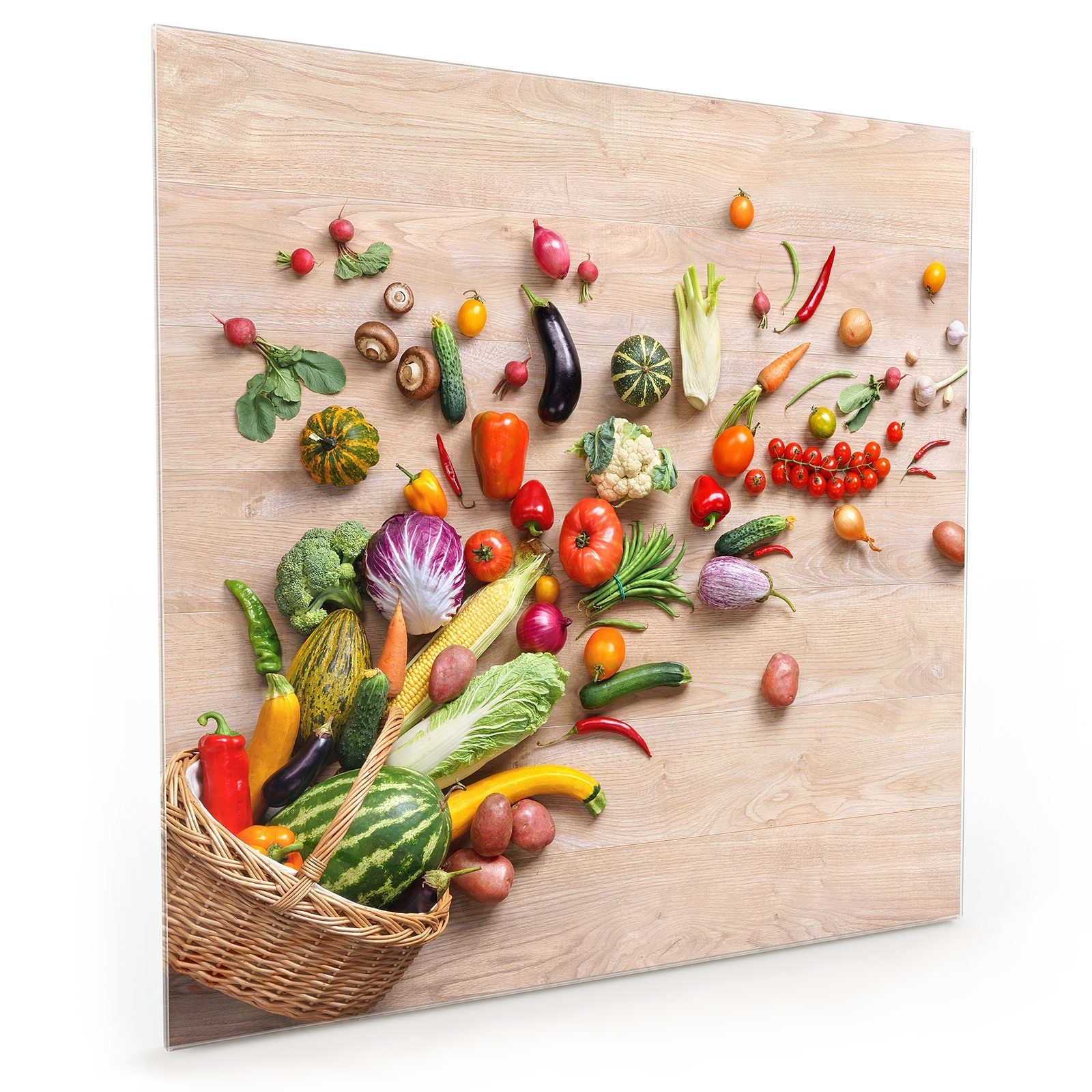 Küchenrückwand mit Spritzschutz Primedeco Küchenrückwand Glas Korb aus Motiv fallend Gemüse
