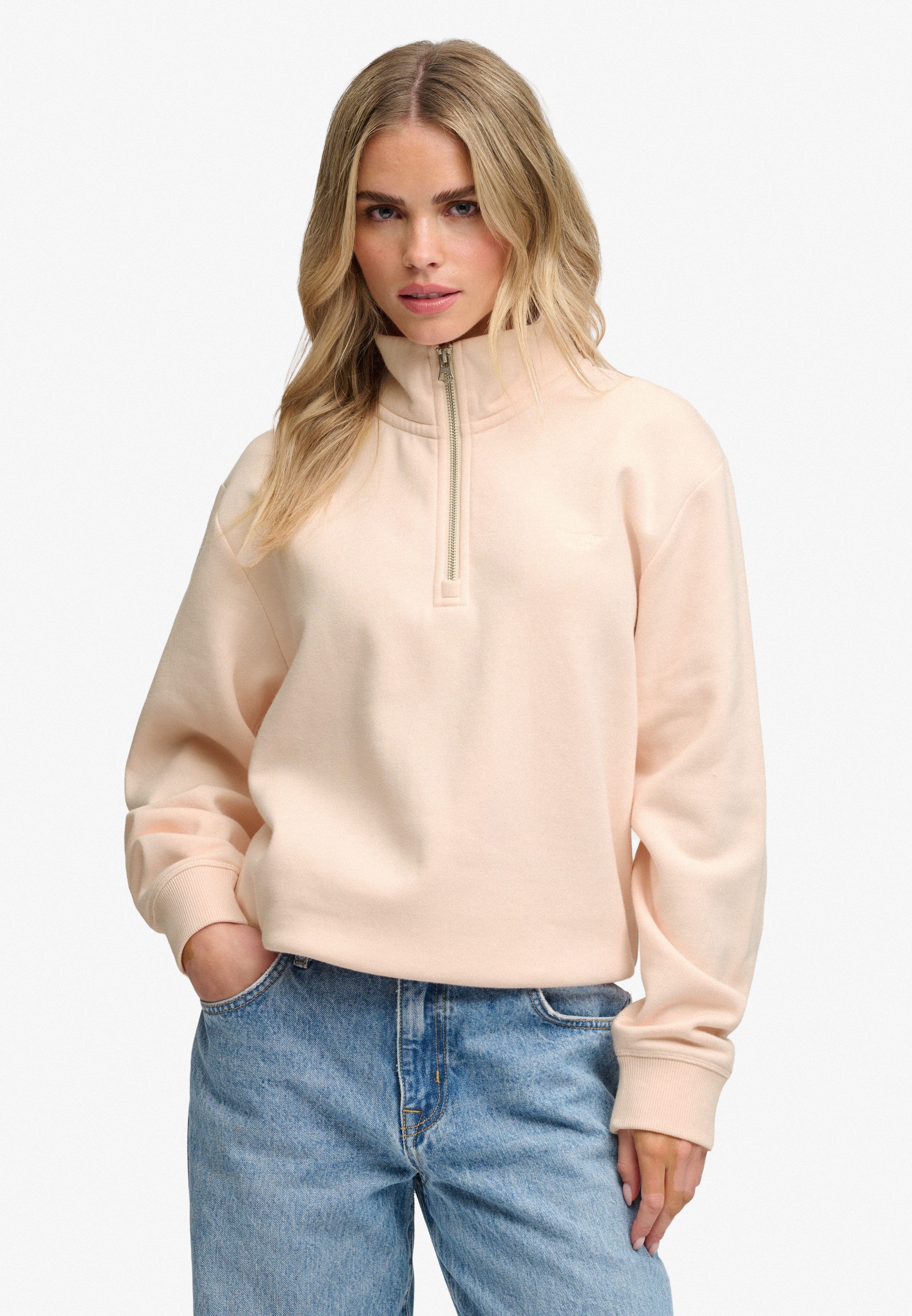 Superdry Sweatshirt SIGNATURE EMB HALF ZIP mit Stehkragen, aus Baumwolle und Polyester, Loose Fit, unifarben