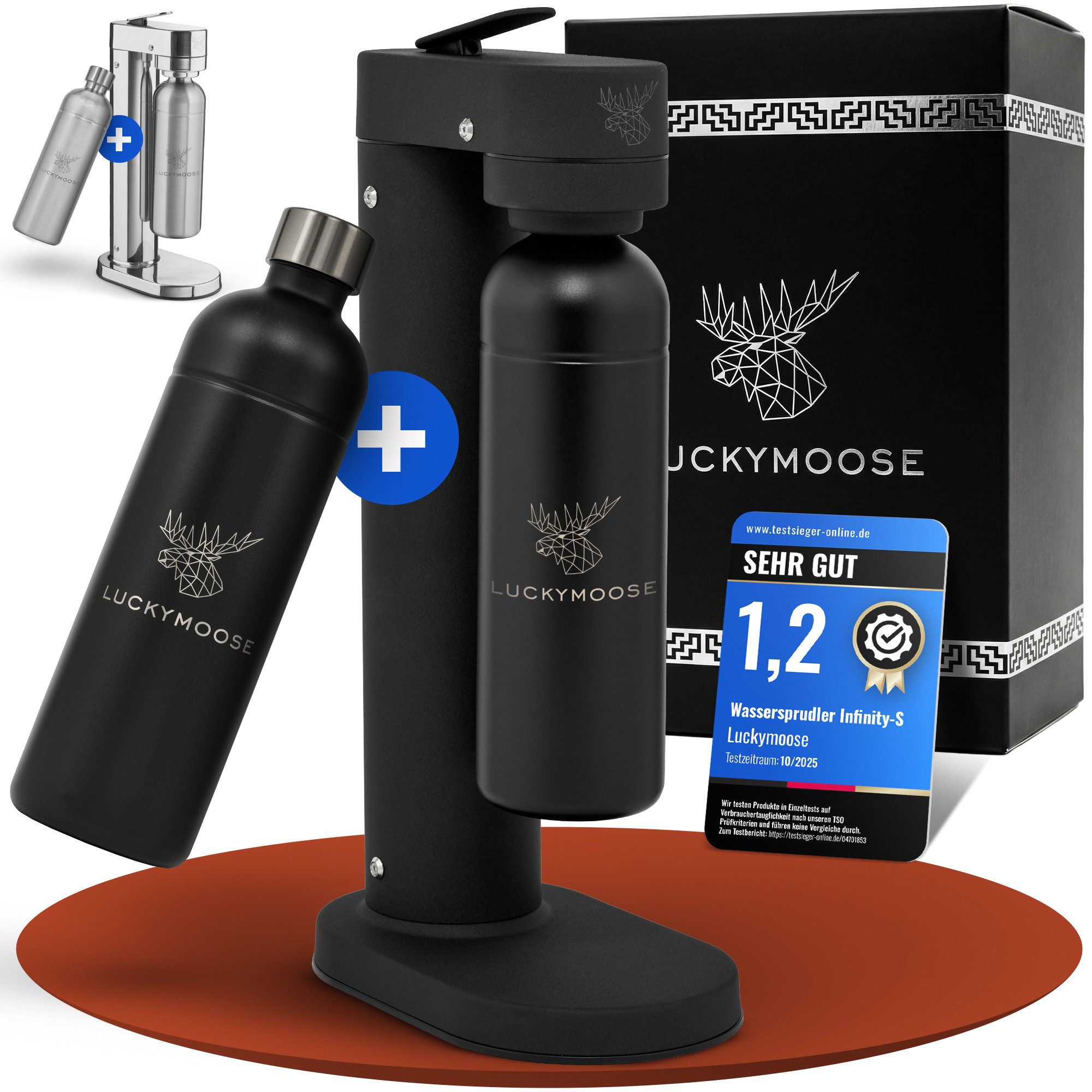 Luckymoose Wassersprudler Infinity-S mit 2x 1,25L langlebige Edelstahlflaschen, (2xSchwarz-tlg), Spart bis zu 25% CO2, Flaschen spülmaschinenfest & ohne Ablaufdatum