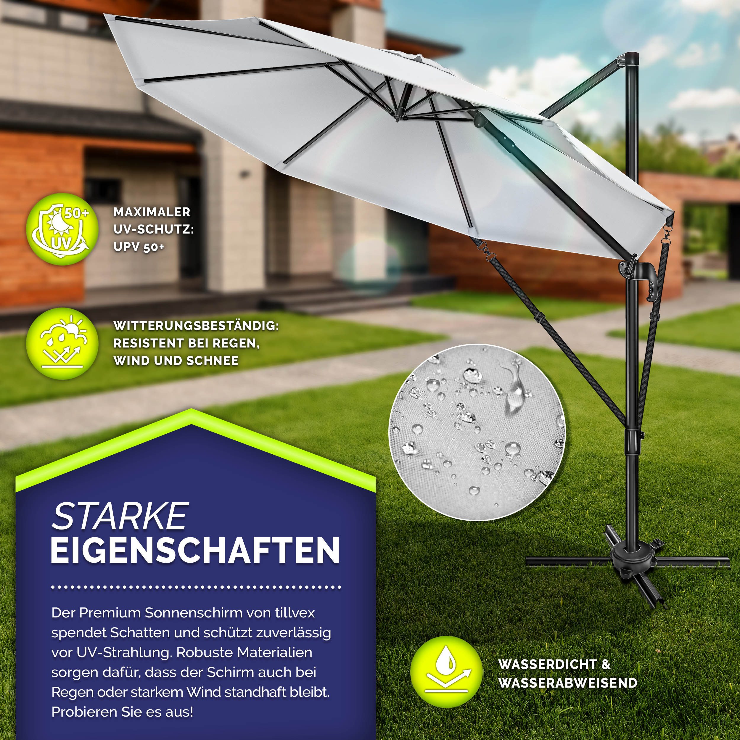 tillvex Sonnenschirm tillvex® Premium Alu Sonnenschirm 330 cm + Abdeckung & Windsicherung, Premium-Series, inkl. Regenabdeckung, Ampelschirm 6-fach Verstellbar mit Kurbel