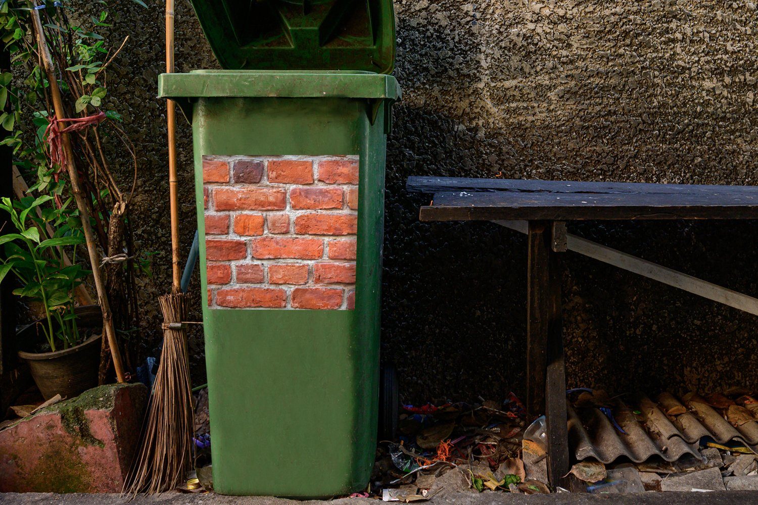 Wand Rot Sticker, MuchoWow St), - Wandsticker Backstein - Container, Mülltonne, (1 Mülleimer-aufkleber, Abfalbehälter