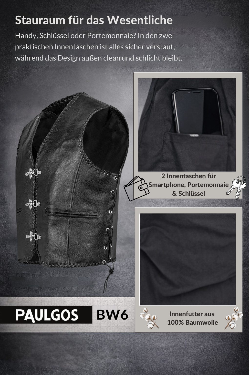 PAULGOS Motorradweste Lederweste Biker Kutte Clubweste Chopper Weste 100% Echtleder - BW6