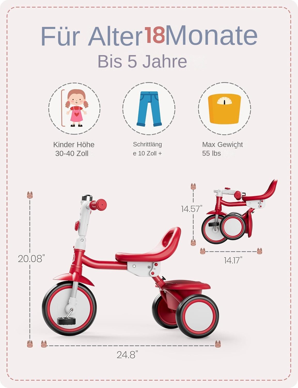 besrey Dreirad Dreirad Kinderdreirad Kinderfahrrad mit Spielkorb, Klingel, Mit Fahrradklingel und Korb, Kippfreies Design,Fahr- und Klappmodus